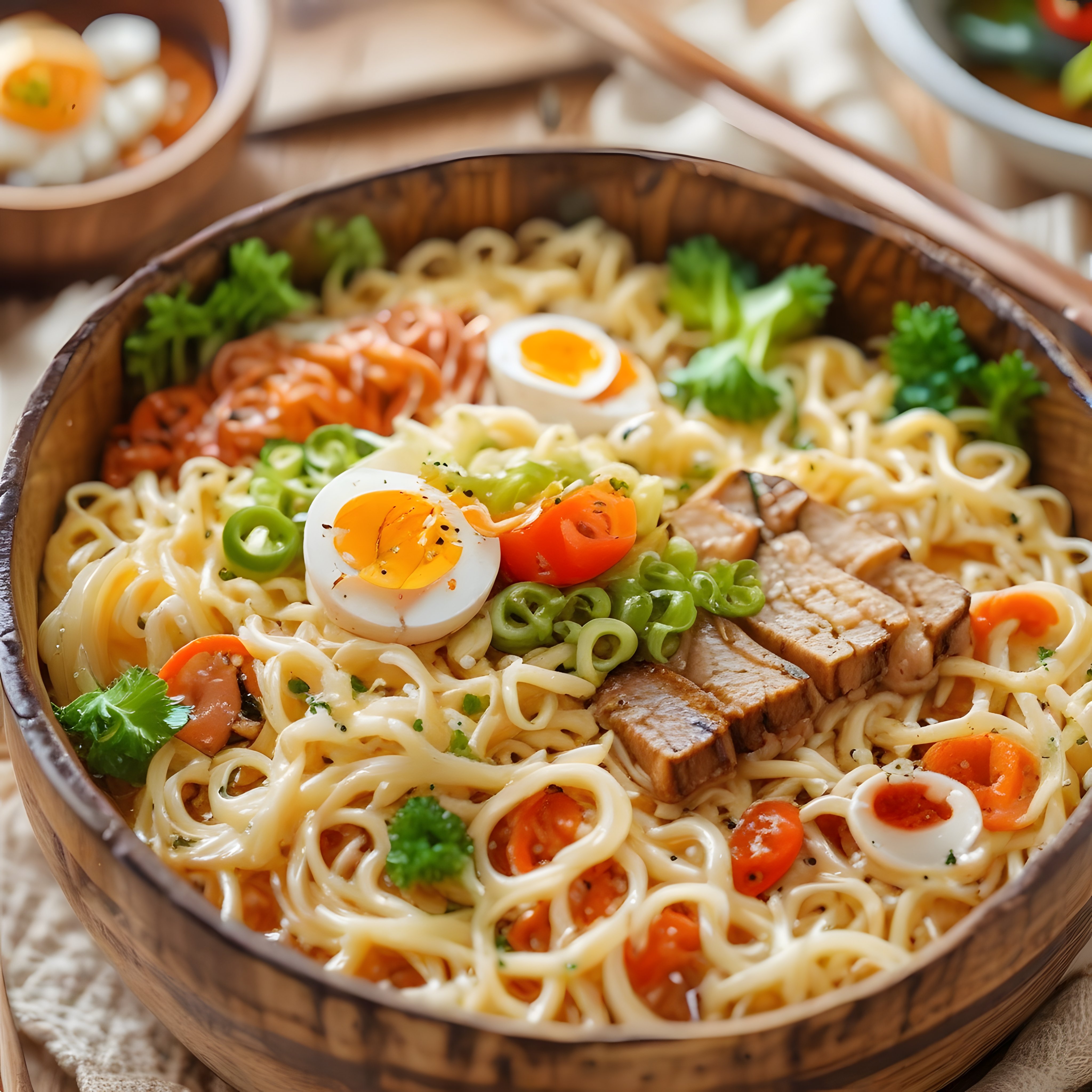 ahşap kasede tereyağlı noodle ramen yumurta et ve taze sebzelerle aromalı