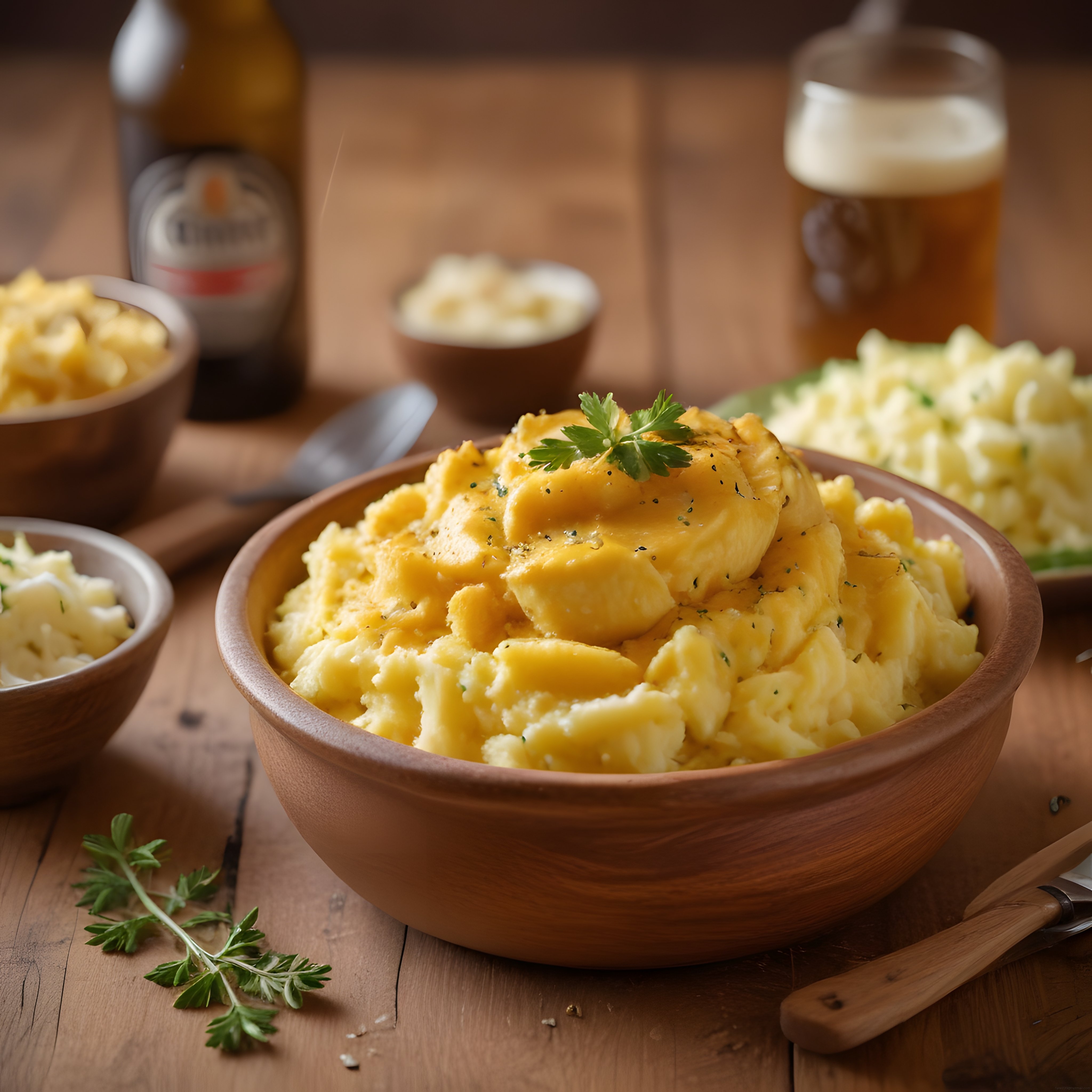 Ahşap kasede tereyağlı patates püresi ve gravy soslu rustik masa sunumu
