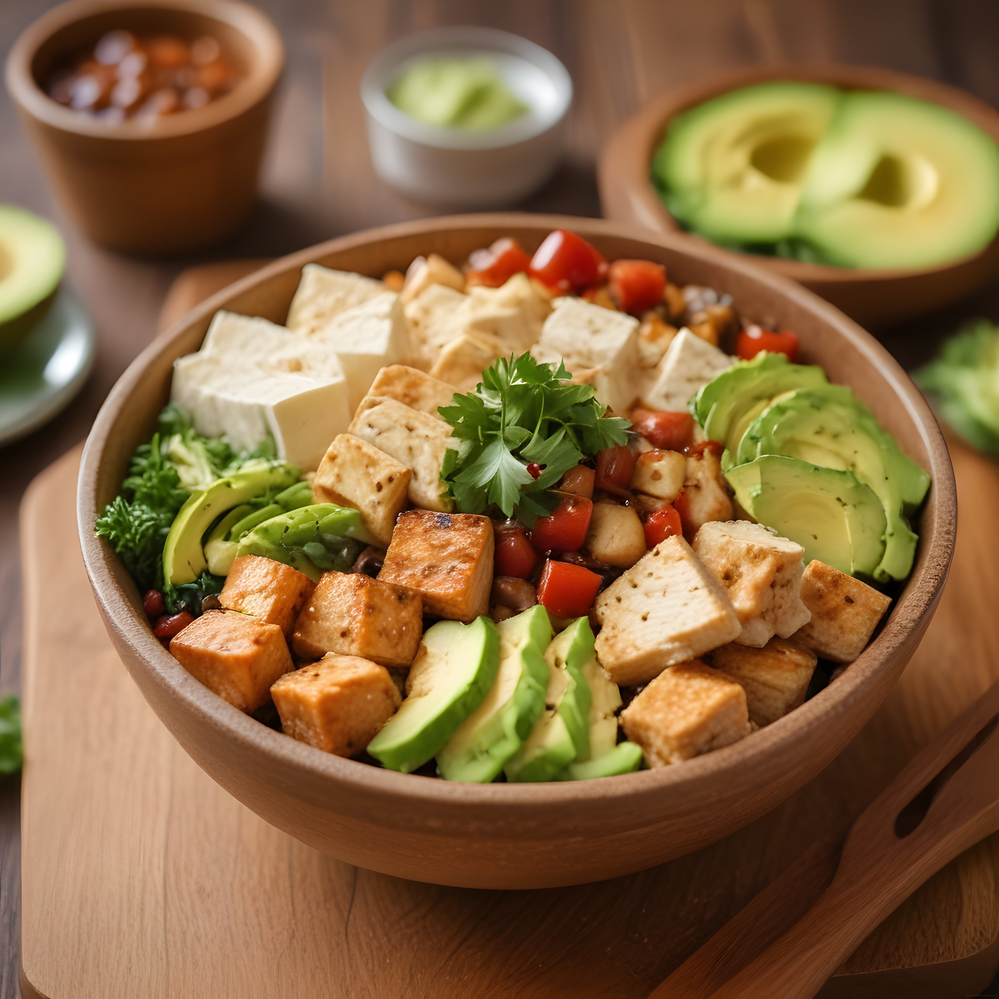 Ahşap Kasede Tofu Avokado ve Domatesli Sağlıklı Vegan Buddha Bowl