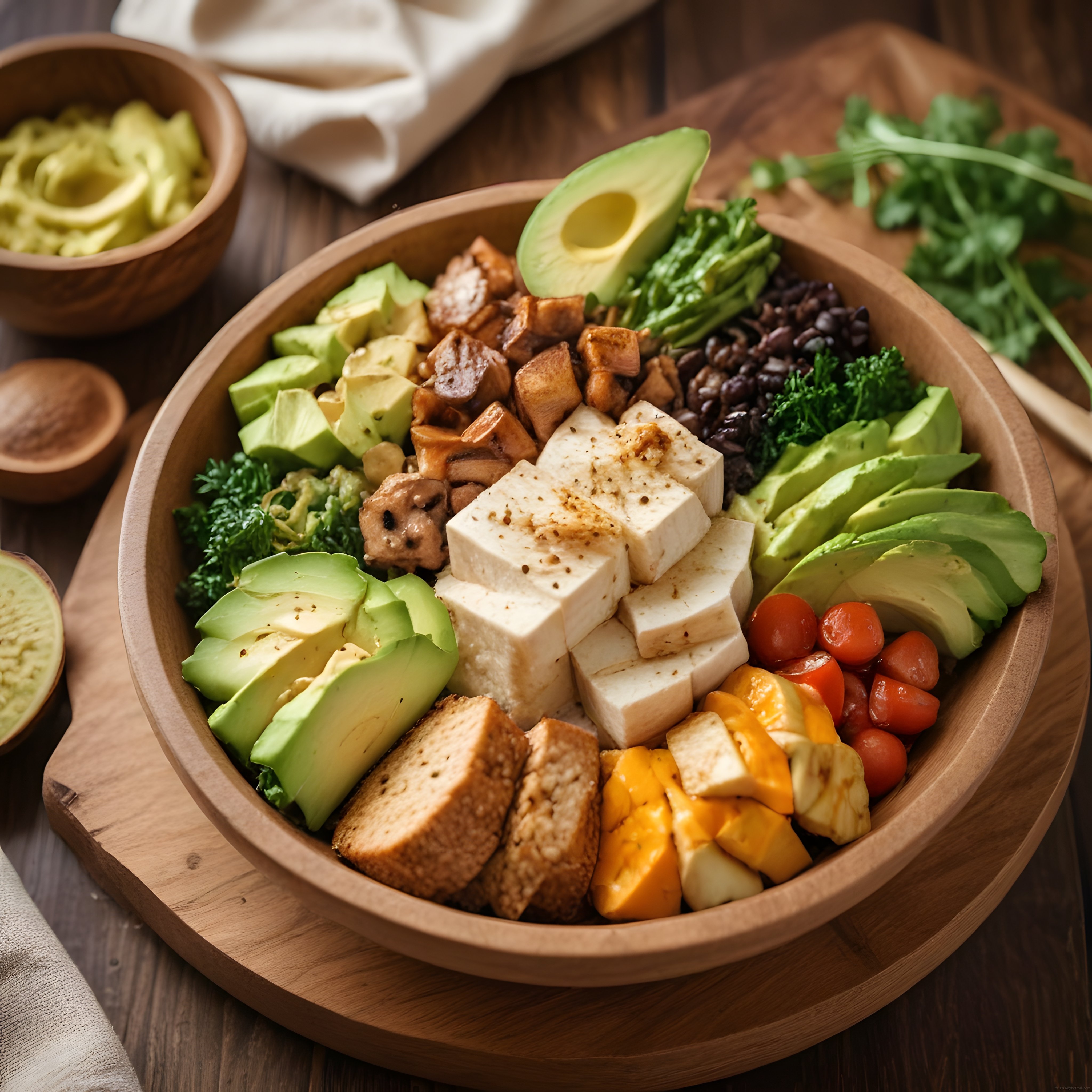 Ahşap Kasede Tofu Avokado ve Sebzelerle Hazırlanan Sağlıklı Vegan Öğün Kasesi