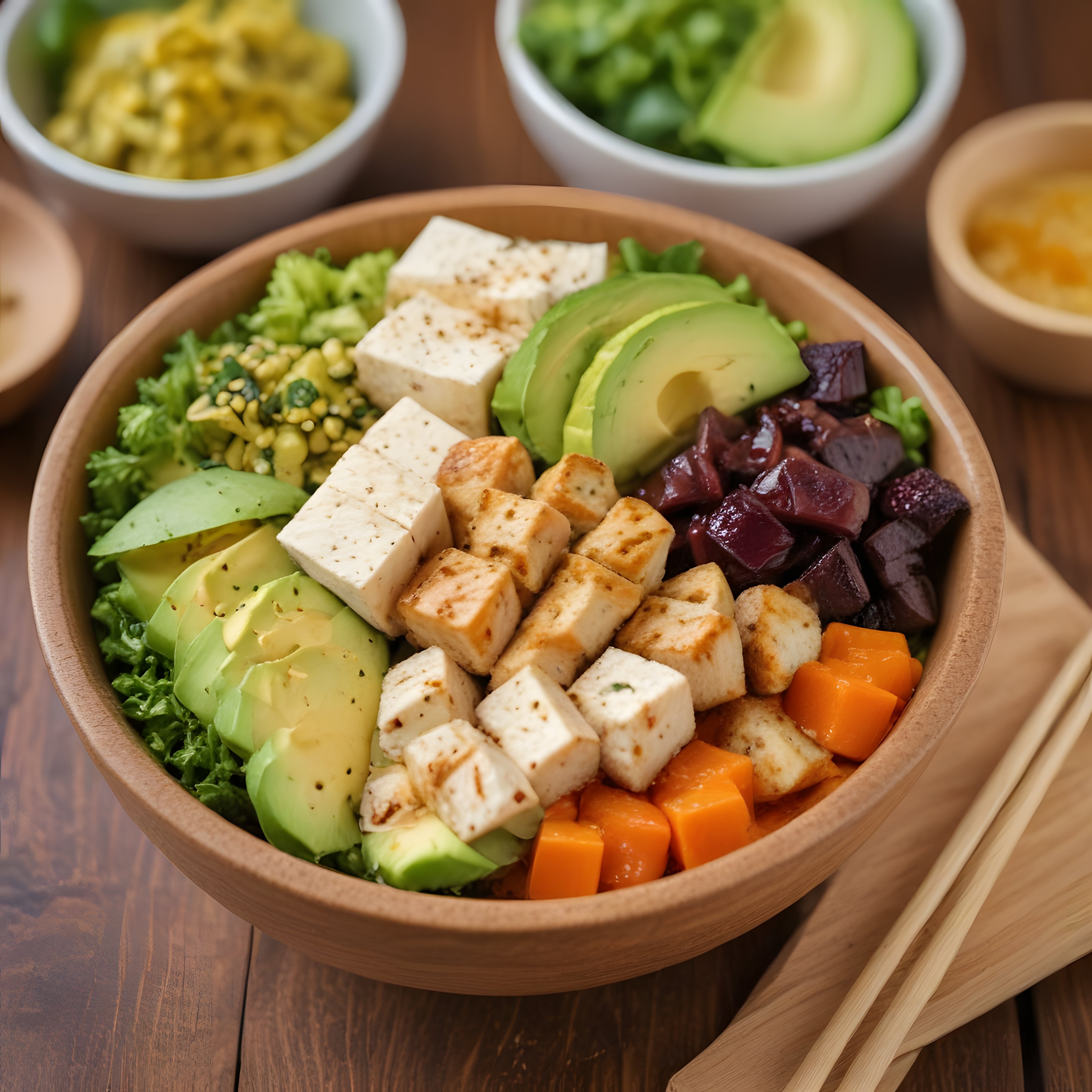 Ahşap Kasede Tofu Avokado ve Sebzeli Renkli Sağlıklı Vegan Buddha Bowl