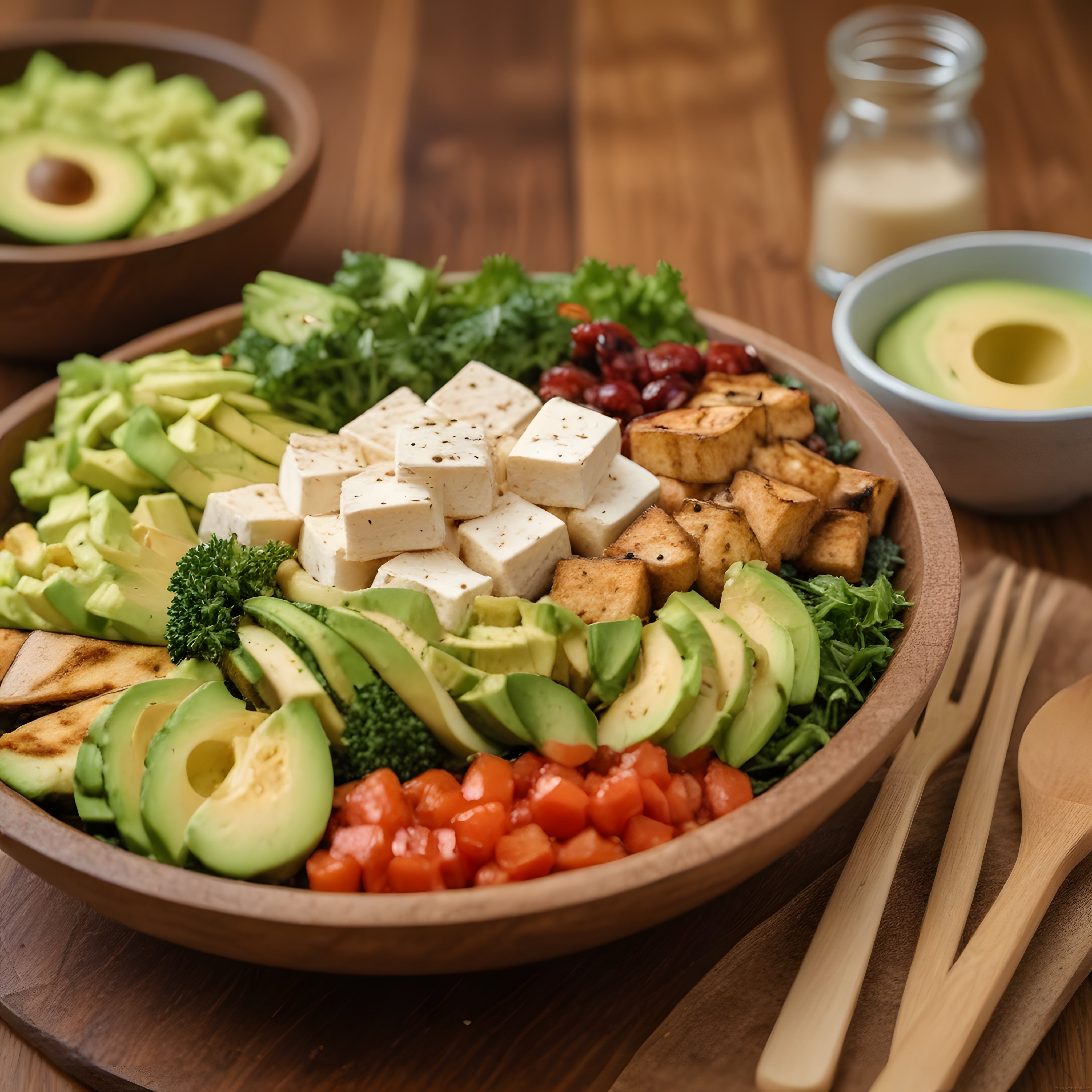 Ahşap kasede tofu avokado ve taze sebzelerle hazırlanmış vegan salata
