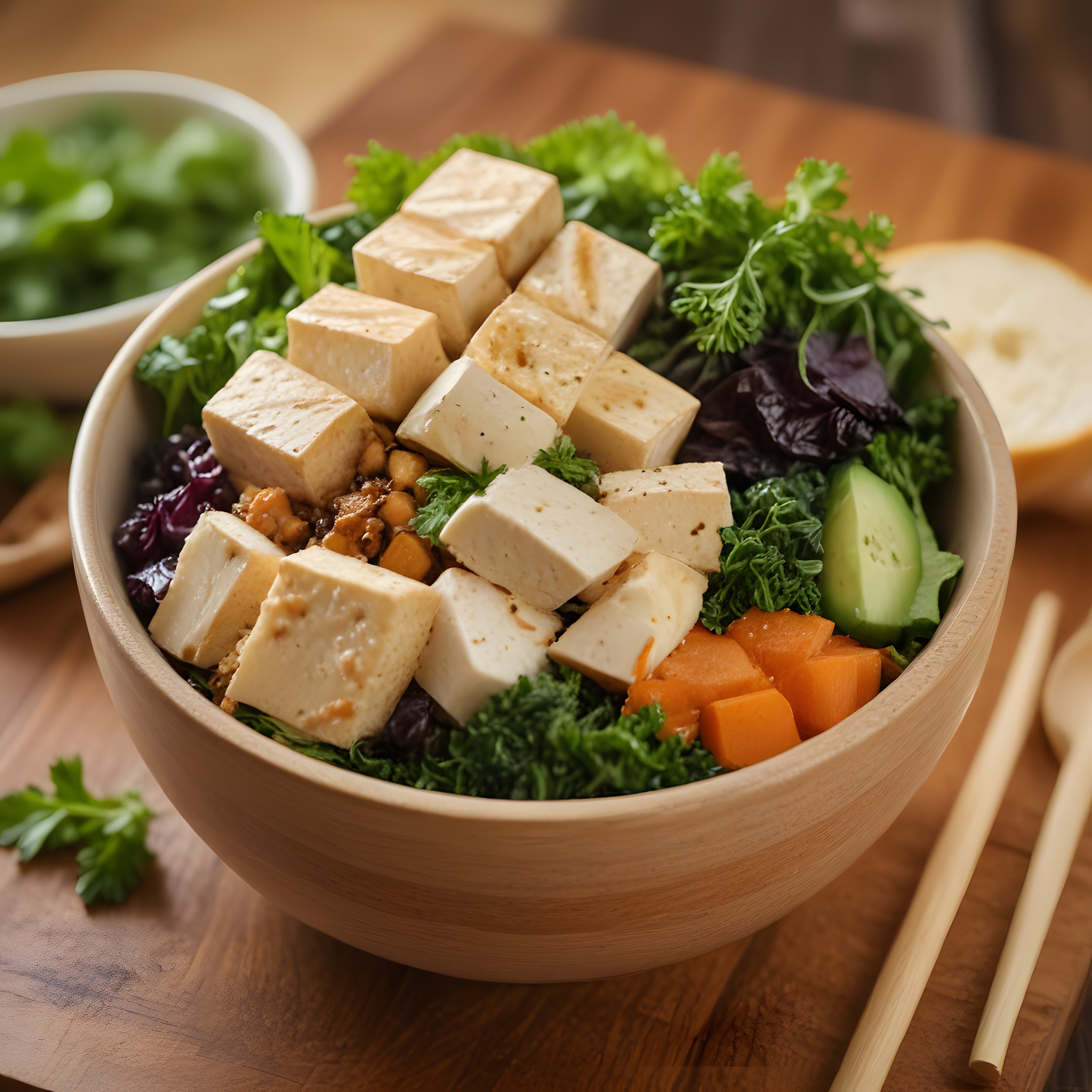 Ahşap Kasede Tofu Avokado ve Yeşilliklerle Besleyici Vegan Kase