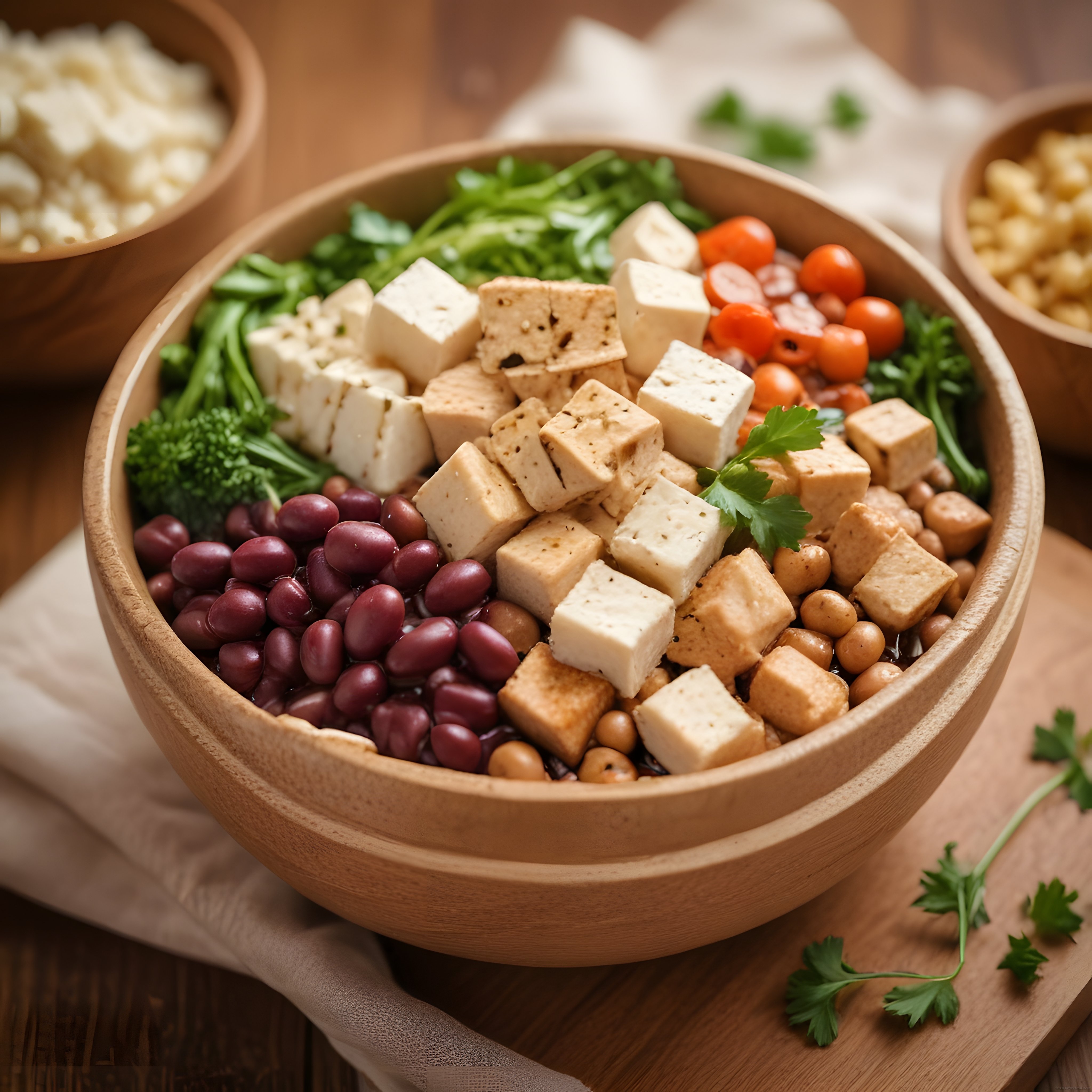 Ahşap Kasede Tofu Baklagil ve Taze Yeşilliklerle Hazırlanan Sağlıklı Buddha Bowl