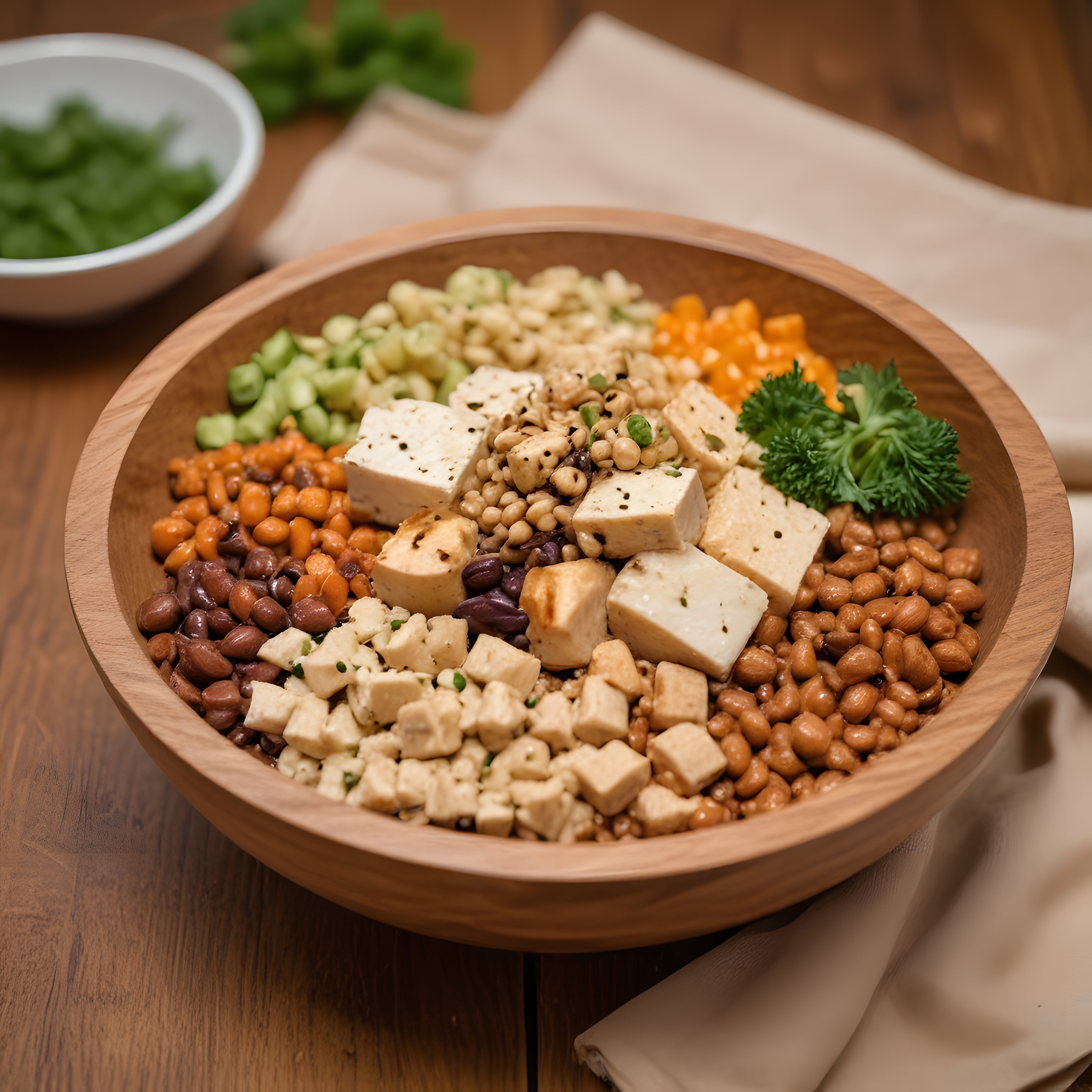 Ahşap kasede tofu, baklagiller ve sebzelerle hazırlanan vegan protein kasesi