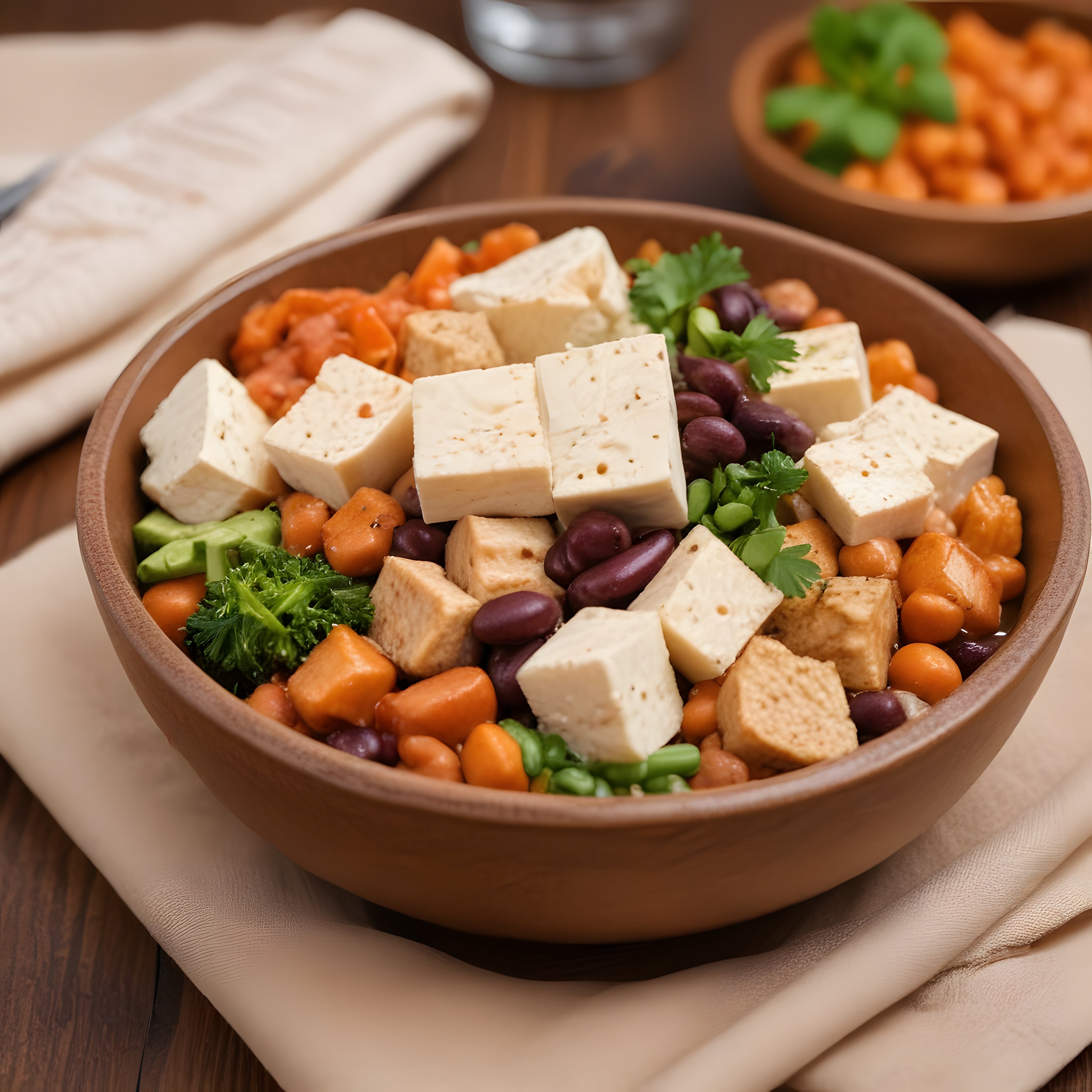 Ahşap Kasede Tofu, Fasulye ve Avokadolu Besleyici Sağlıklı Protein Kasesi