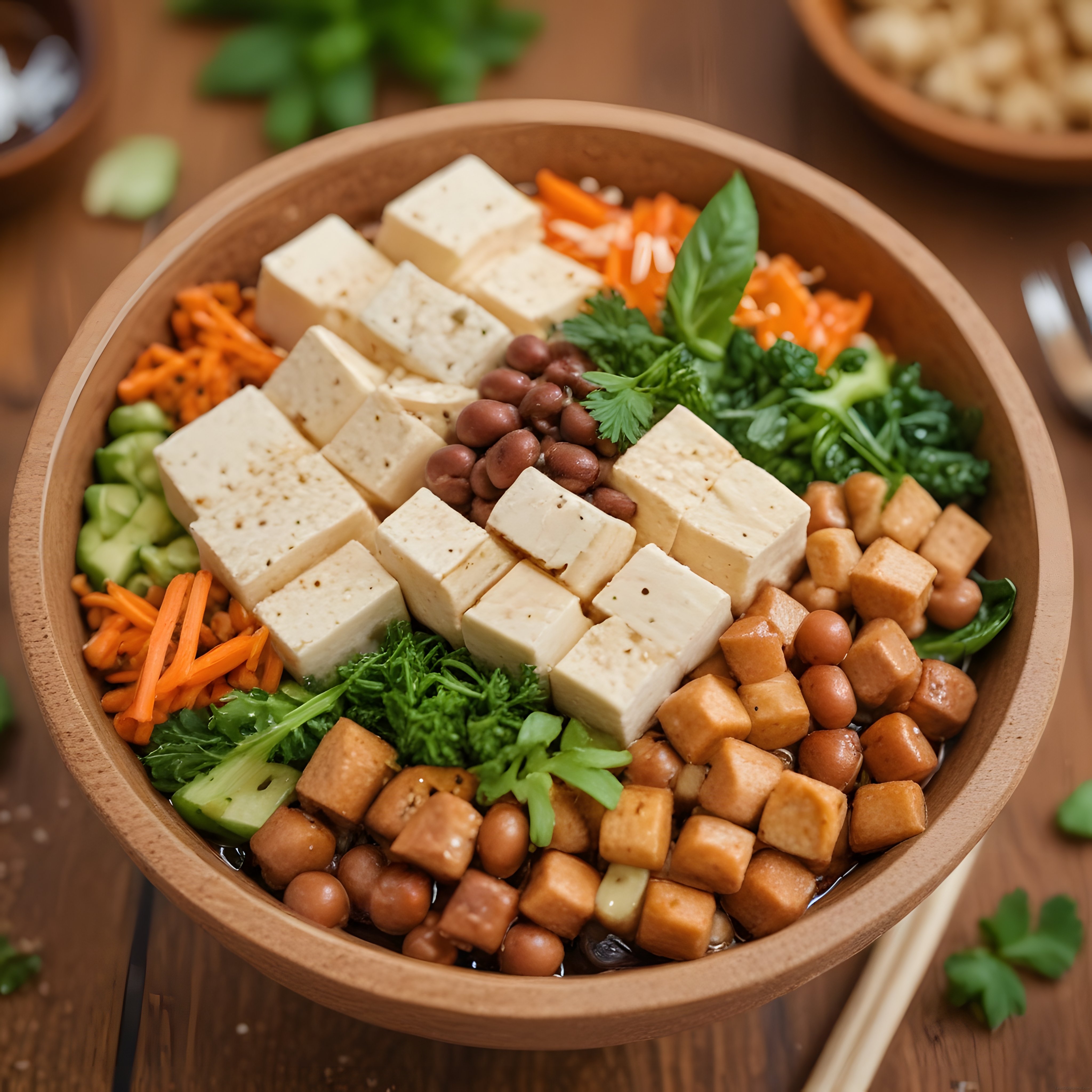 Ahşap Kasede Tofu Fasulye ve Taze Sebzelerle Hazırlanan Besleyici Vegan Bowl
