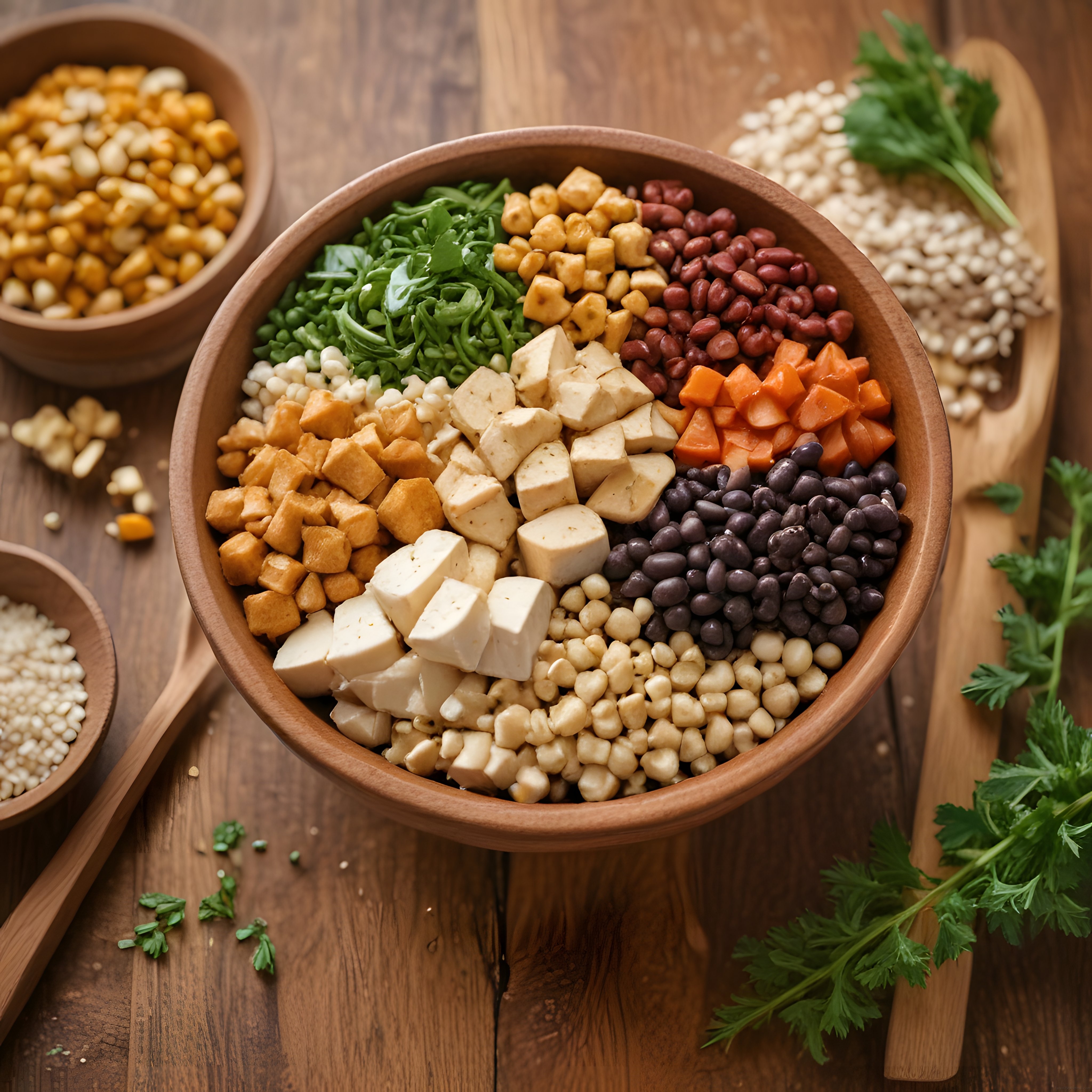 ahşap kasede tofu, fasulye ve taze sebzelerle hazırlanan renkli buddha bowl