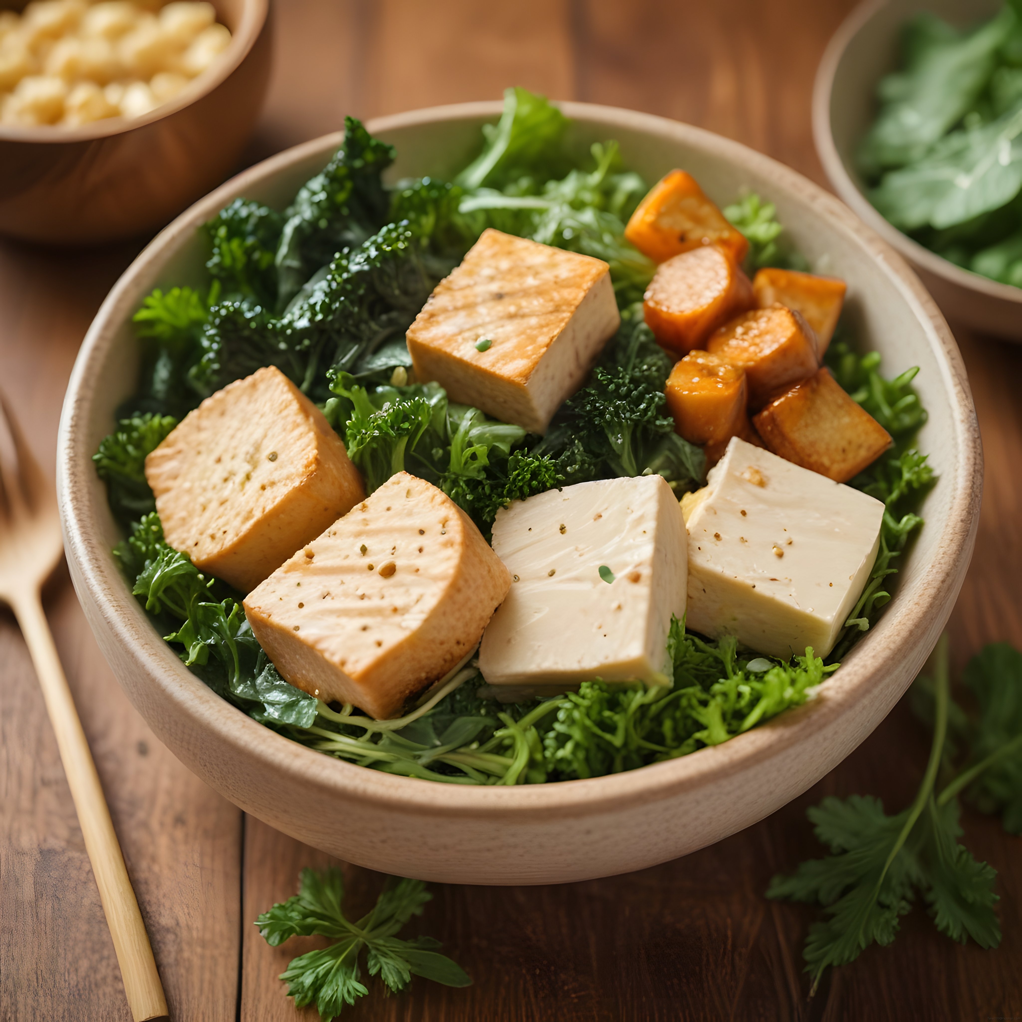 Ahşap Kasede Tofu, Kale ve Fırın Patatesli Besleyici Vegan Salata Kasesi