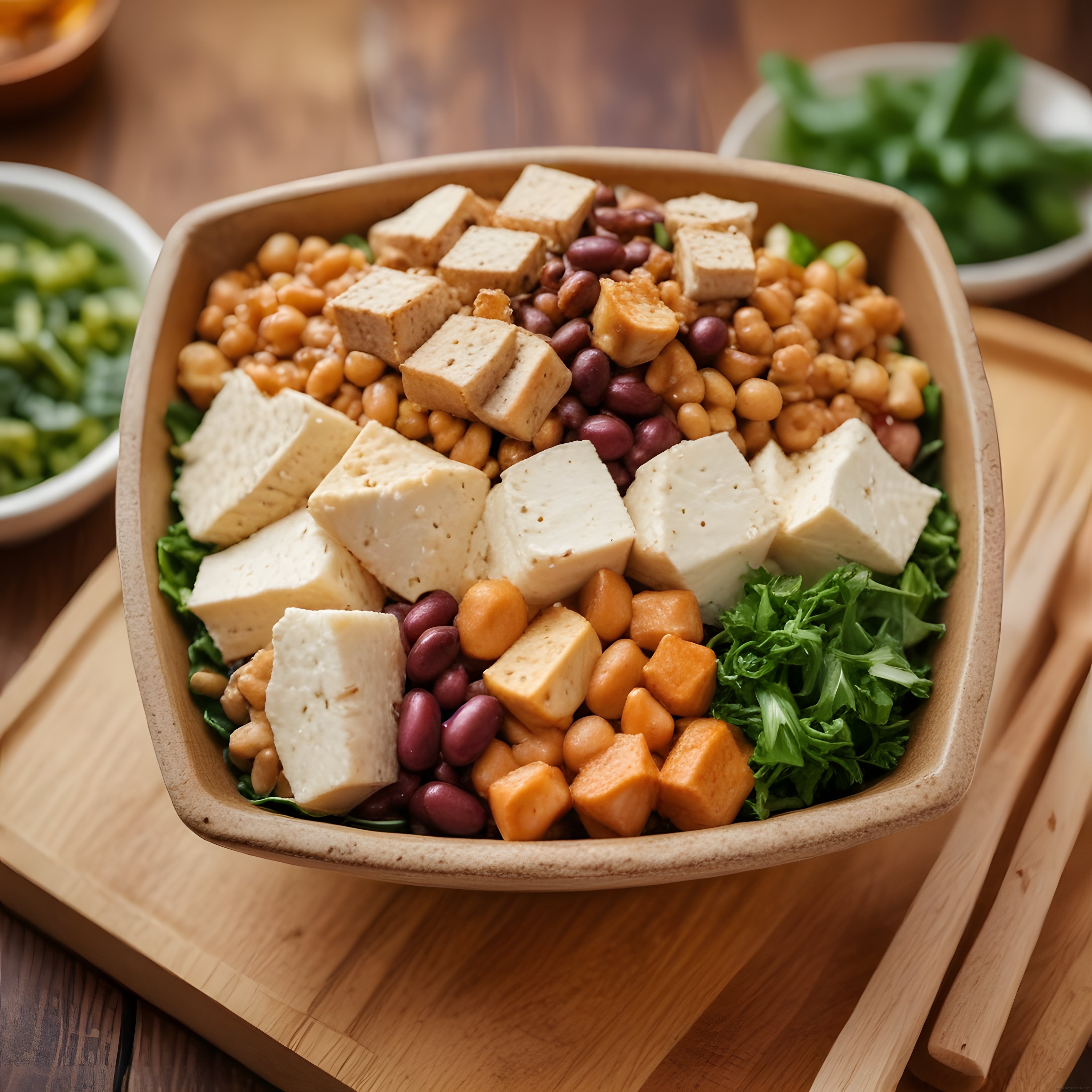 Ahşap kasede tofu, nohut ve barbunya fasulyesi ile zengin vegan protein kasesi
