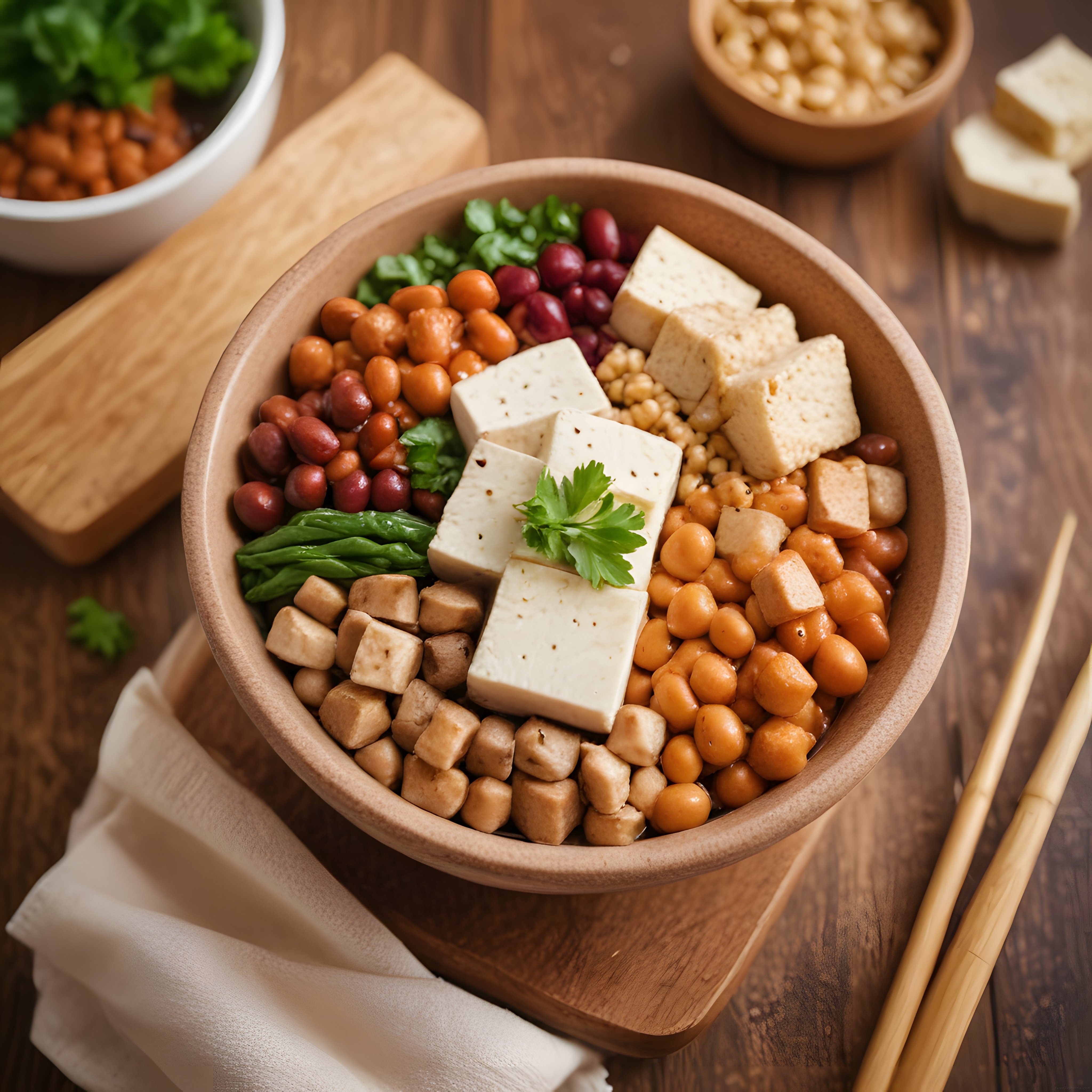 Ahşap Kasede Tofu Nohut ve Fasulyeli Sağlıklı Vegan Protein Bowl