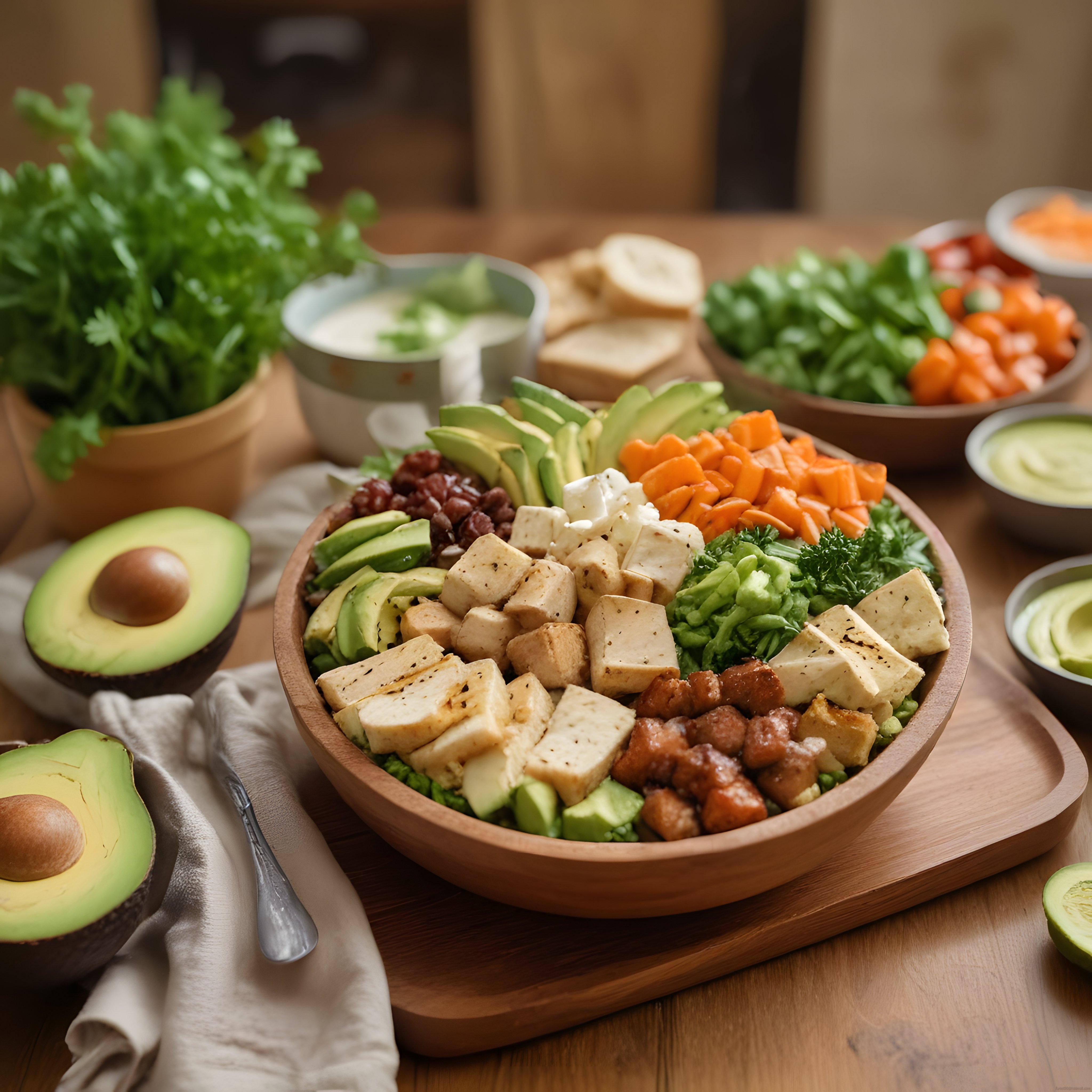 Ahşap Kasede Tofu ve Avokadolu Renkli Salata Kase Sunumu ve Sağlıklı Beslenme