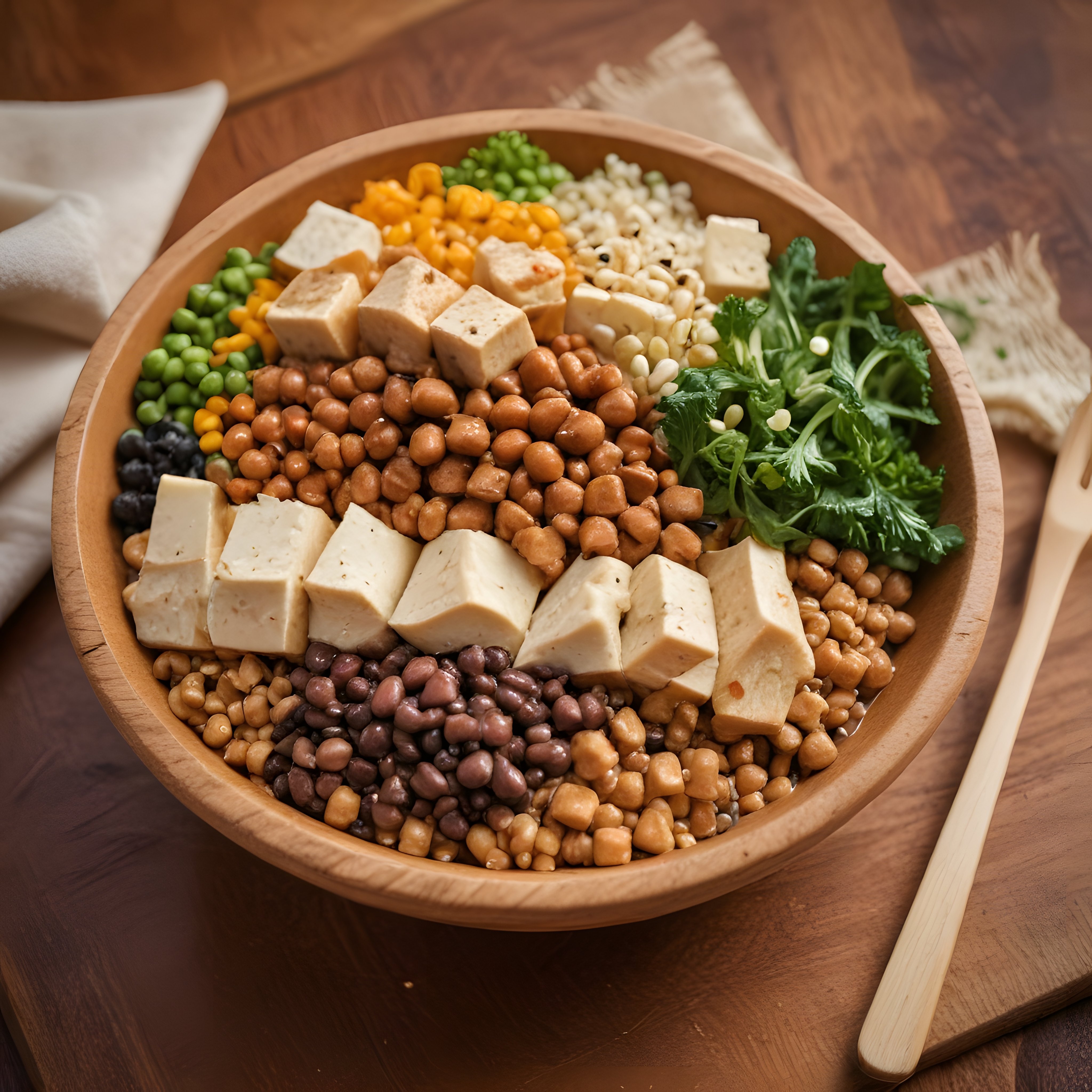 Ahşap kasede tofu ve baklagillerle hazırlanan renkli vegan protein kasesi