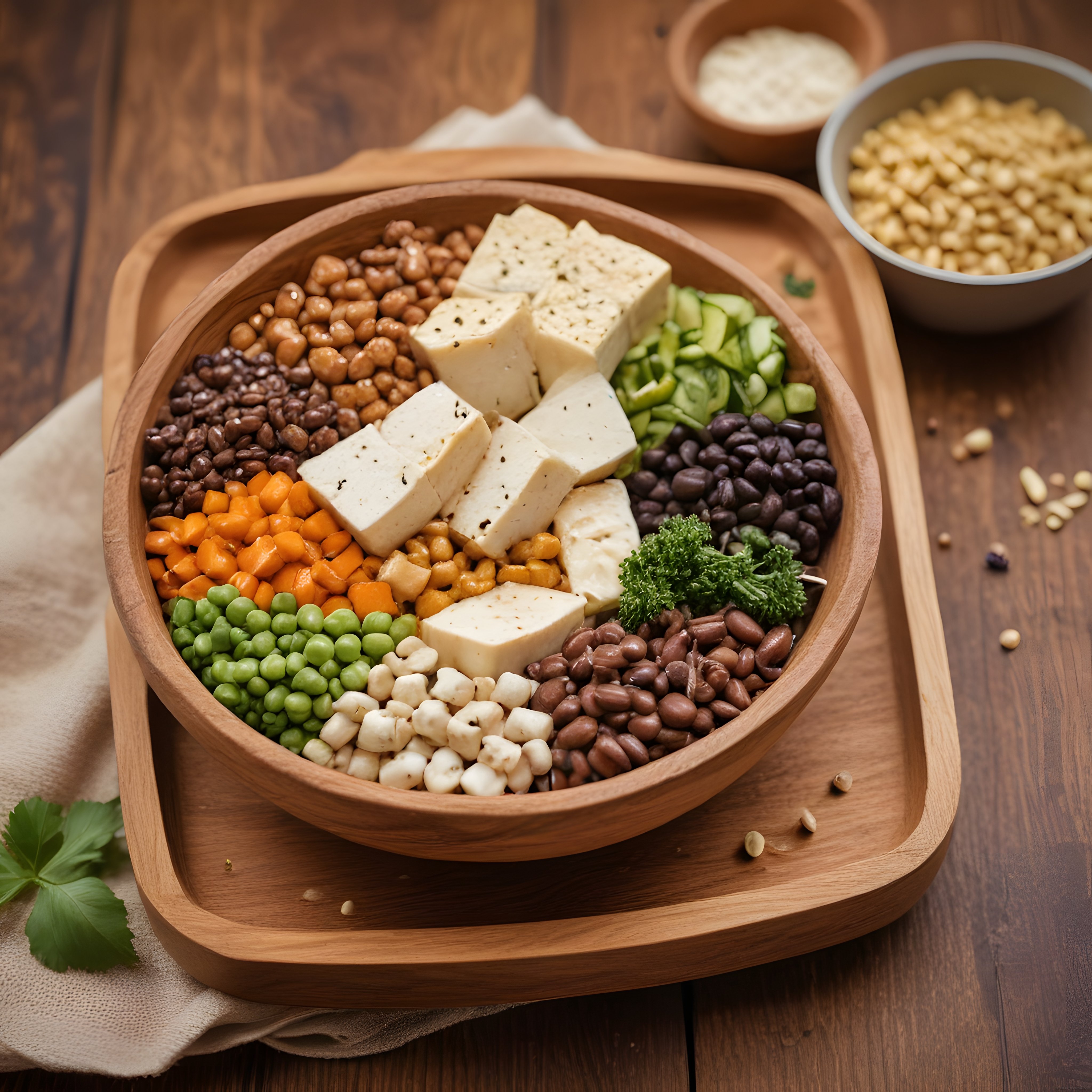 Ahşap kasede tofu ve baklagillerle hazırlanmış besleyici vegan kase