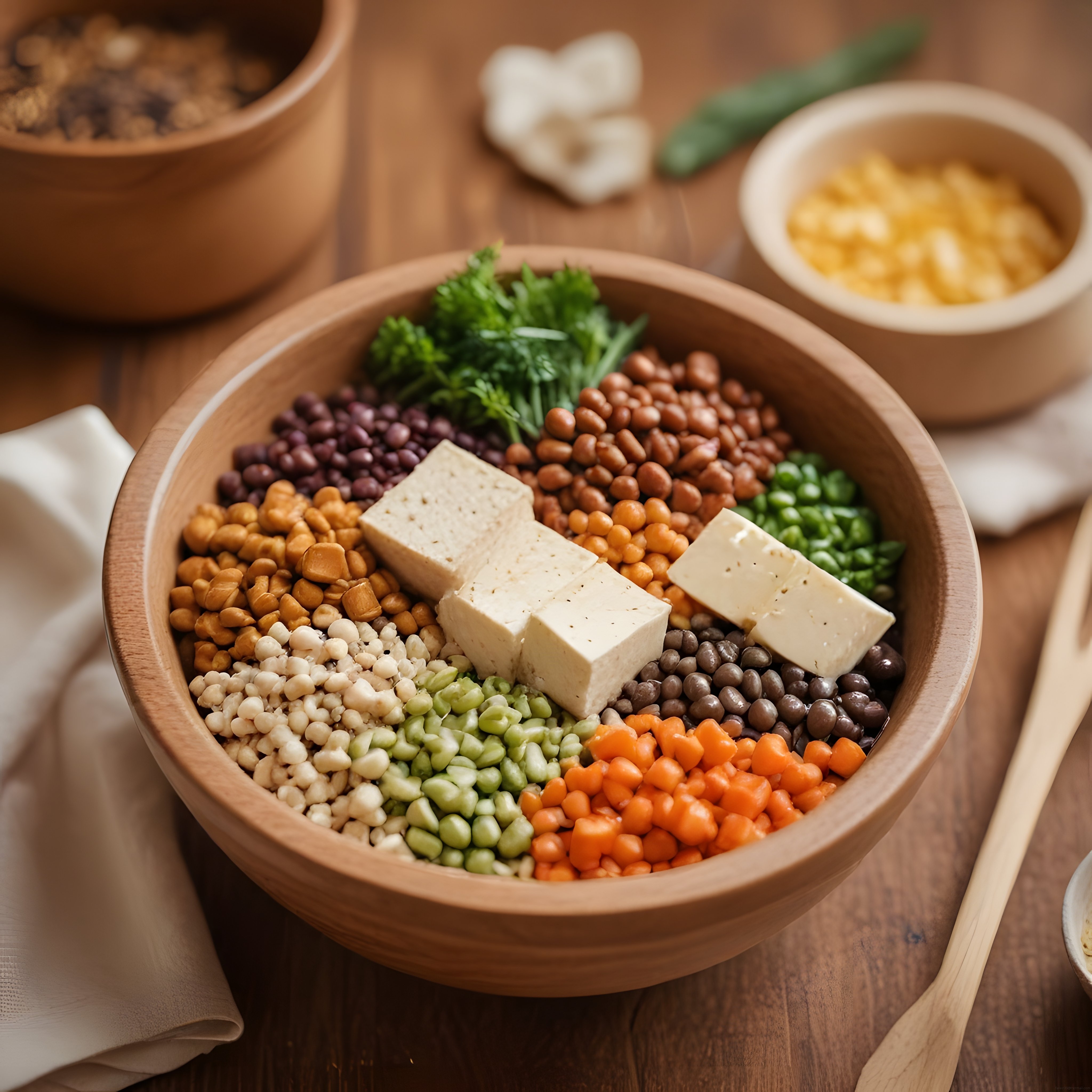 Ahşap Kasede Tofu ve Çeşitli Baklagillerle Hazırlanan Sağlıklı Vegan Kase