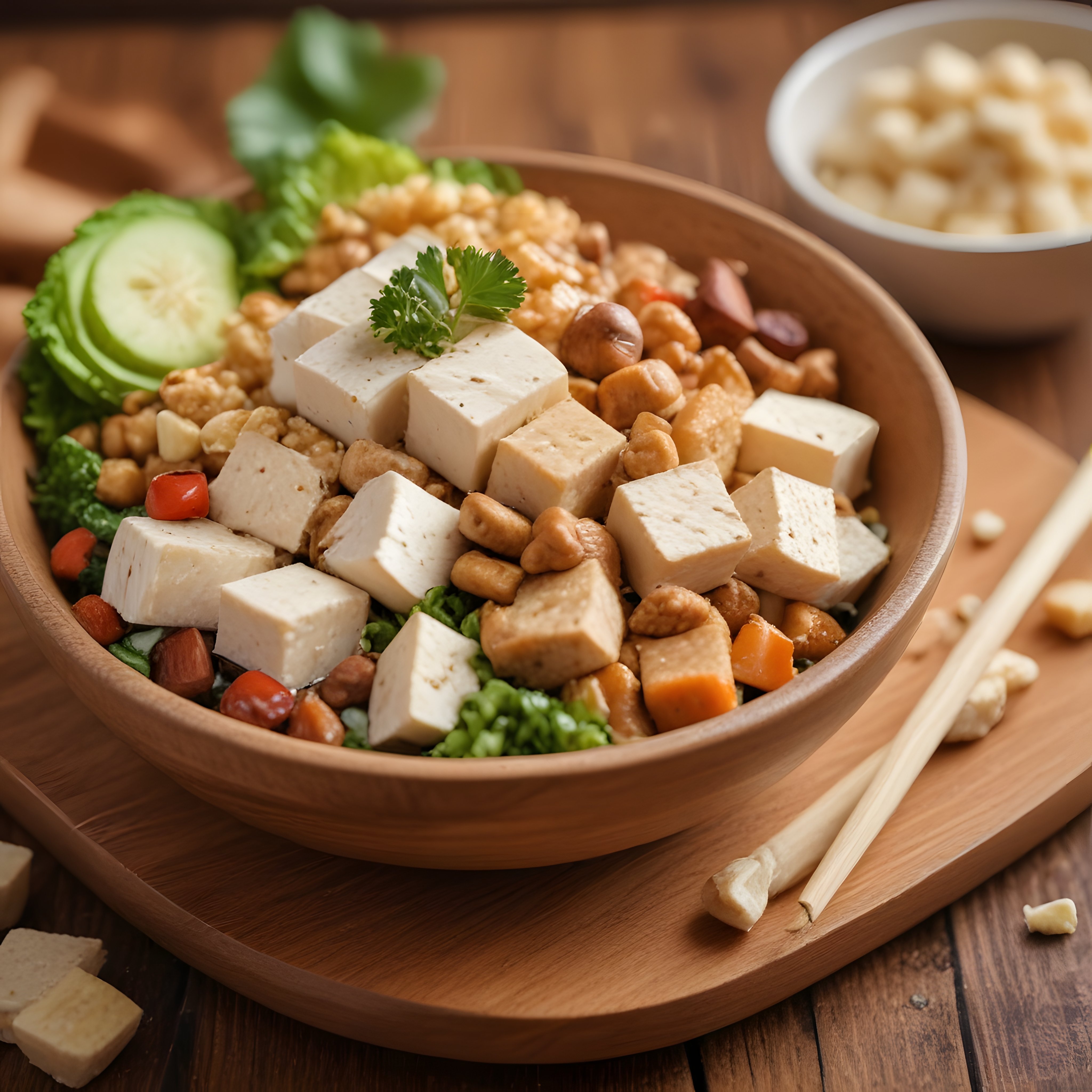 ahşap kasede tofu ve nohutlu vegan protein kasesi sağlıklı beslenme