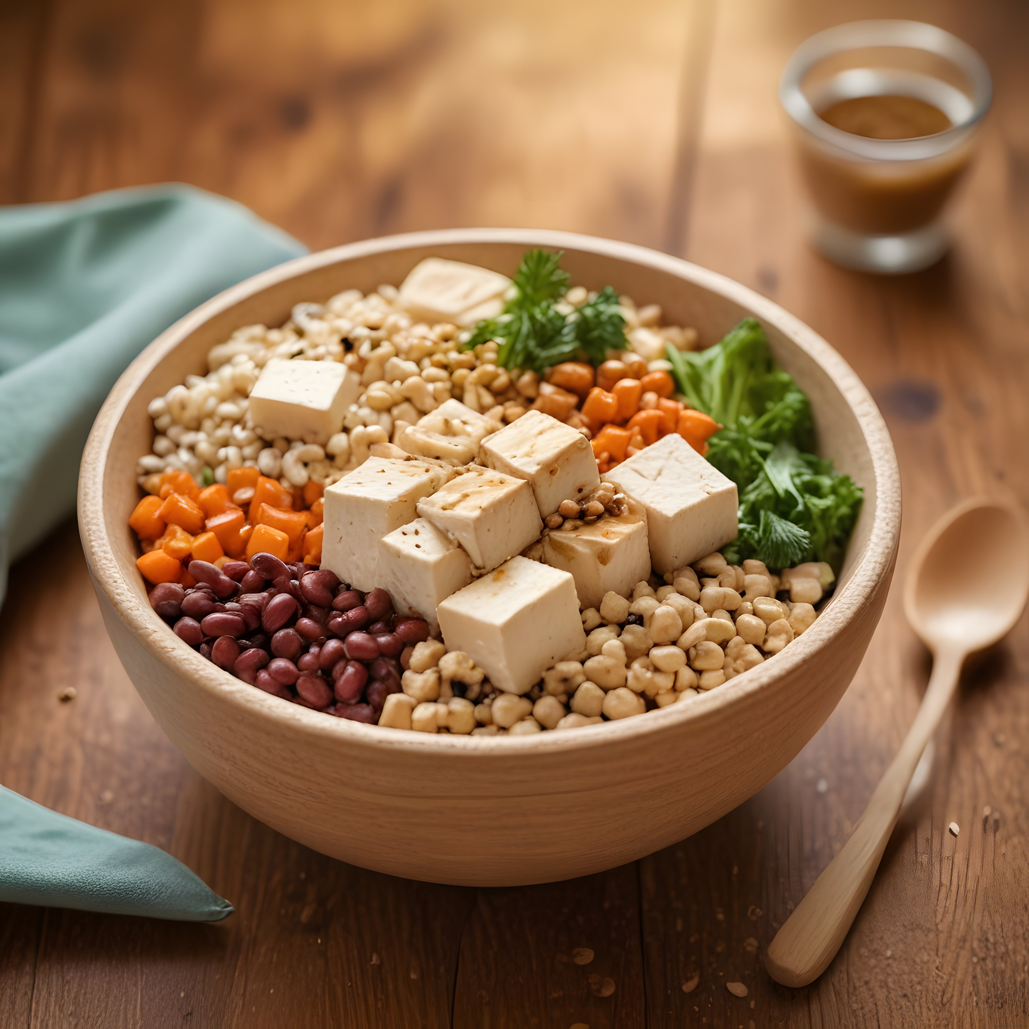 Ahşap kasede tofu ve sebzelerle hazırlanan besleyici vegan buddha bowl