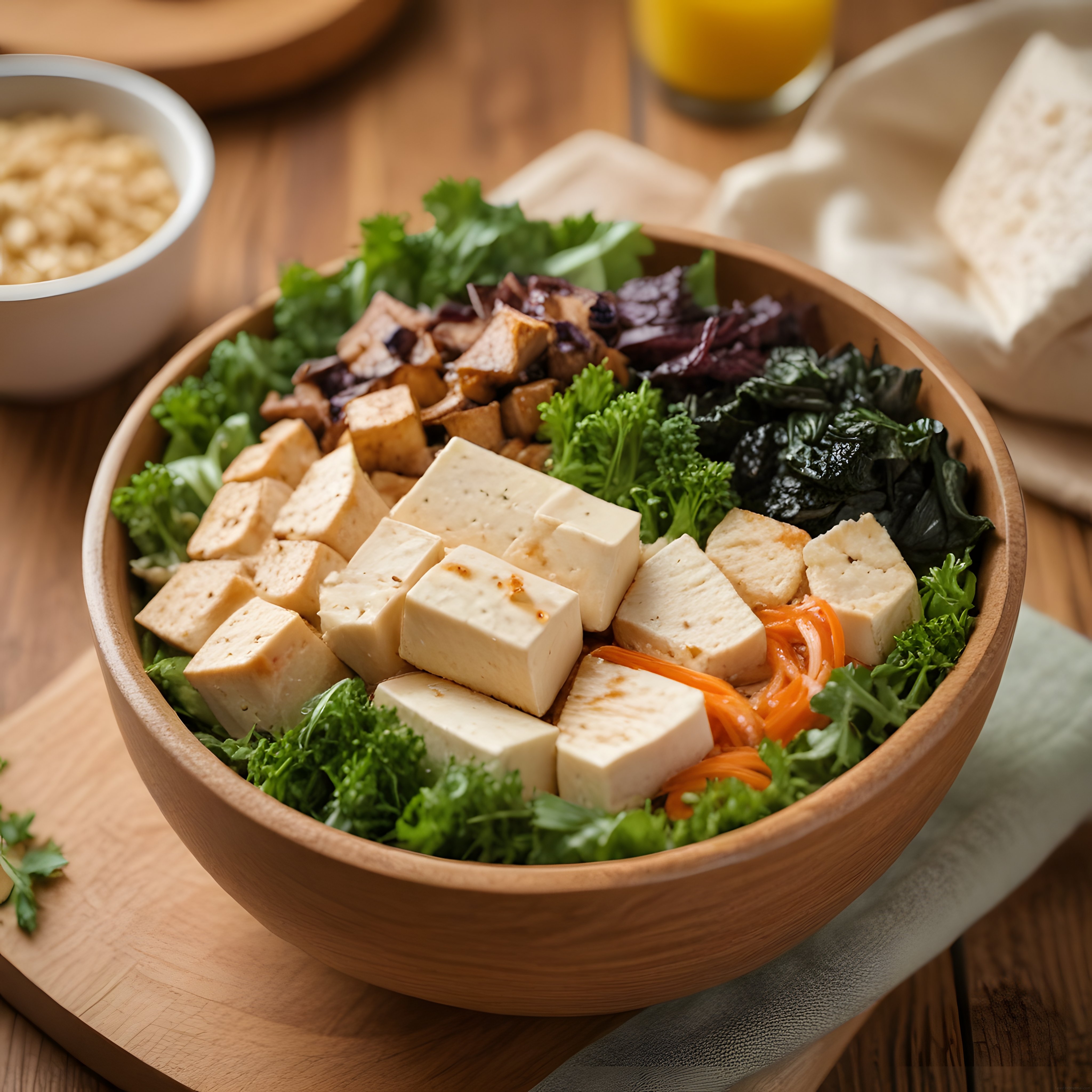 Ahşap Kâsede Tofu ve Taze Sebzeyle Hazırlanan Besleyici Vegan Buddha Bowl