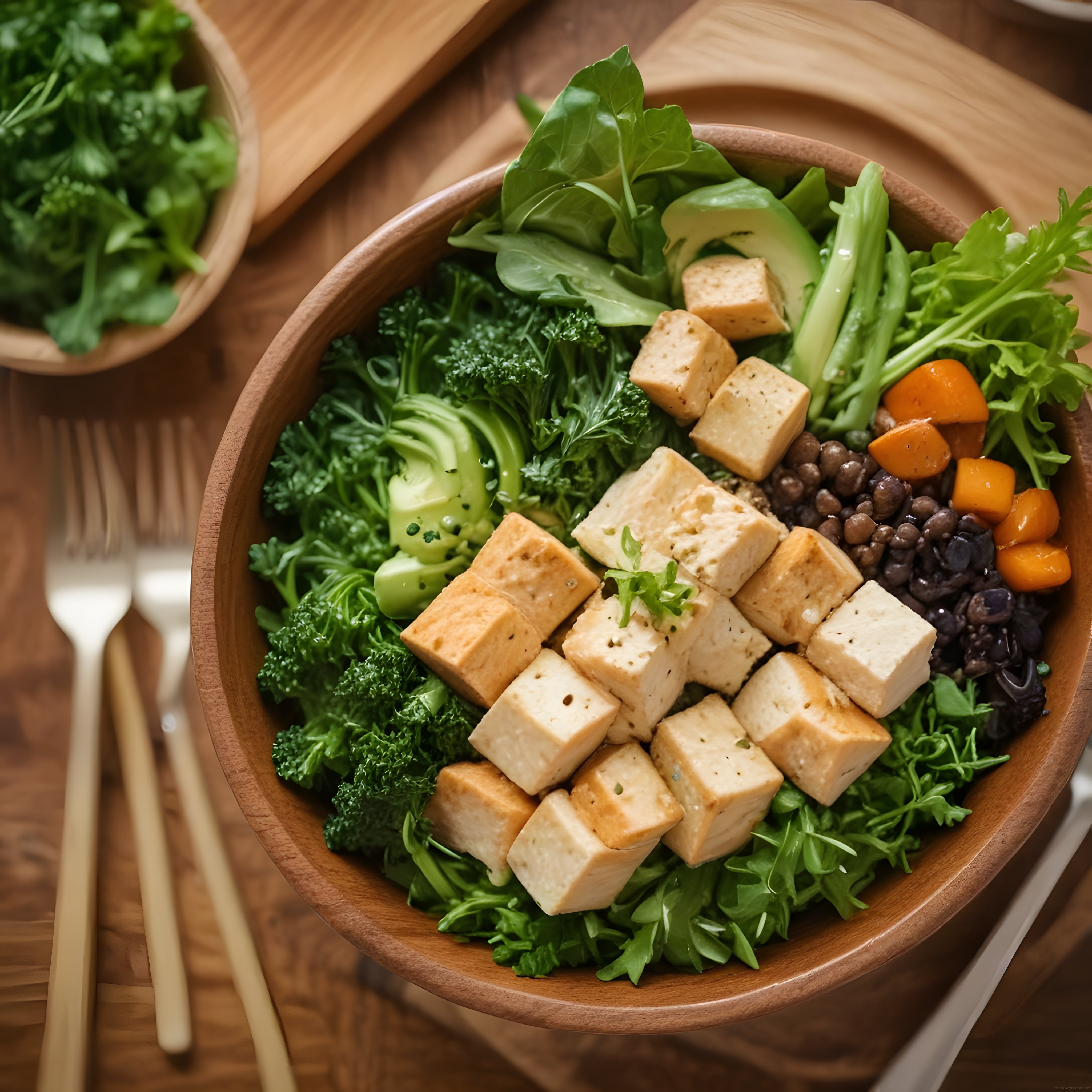 Ahşap Kasede Tofu ve Yeşil Sebzelerle Hazırlanmış Besleyici Vegan Bowl