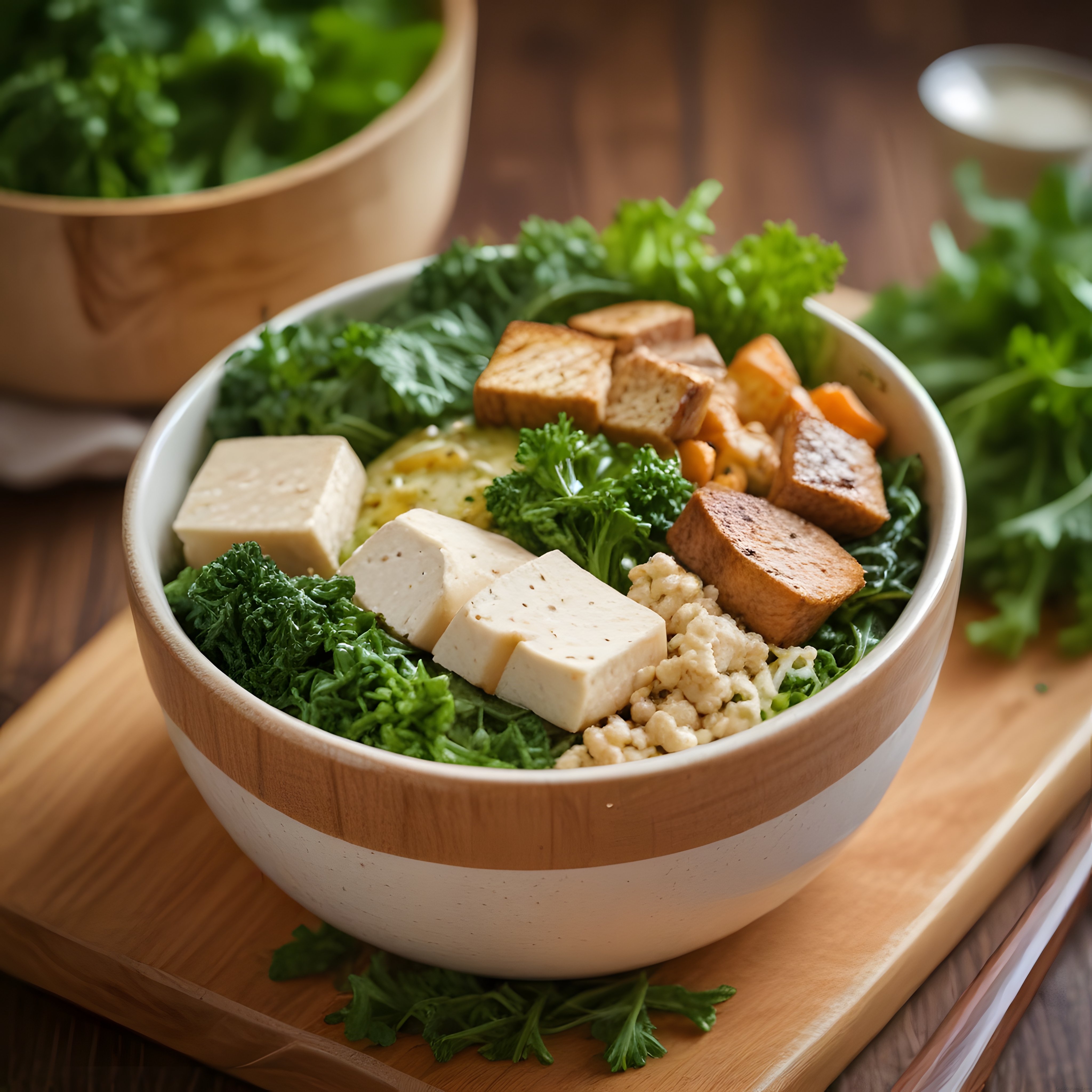 Ahşap Kasede Tofu ve Yeşilliklerle Dolu Vegan Protein Kasesi