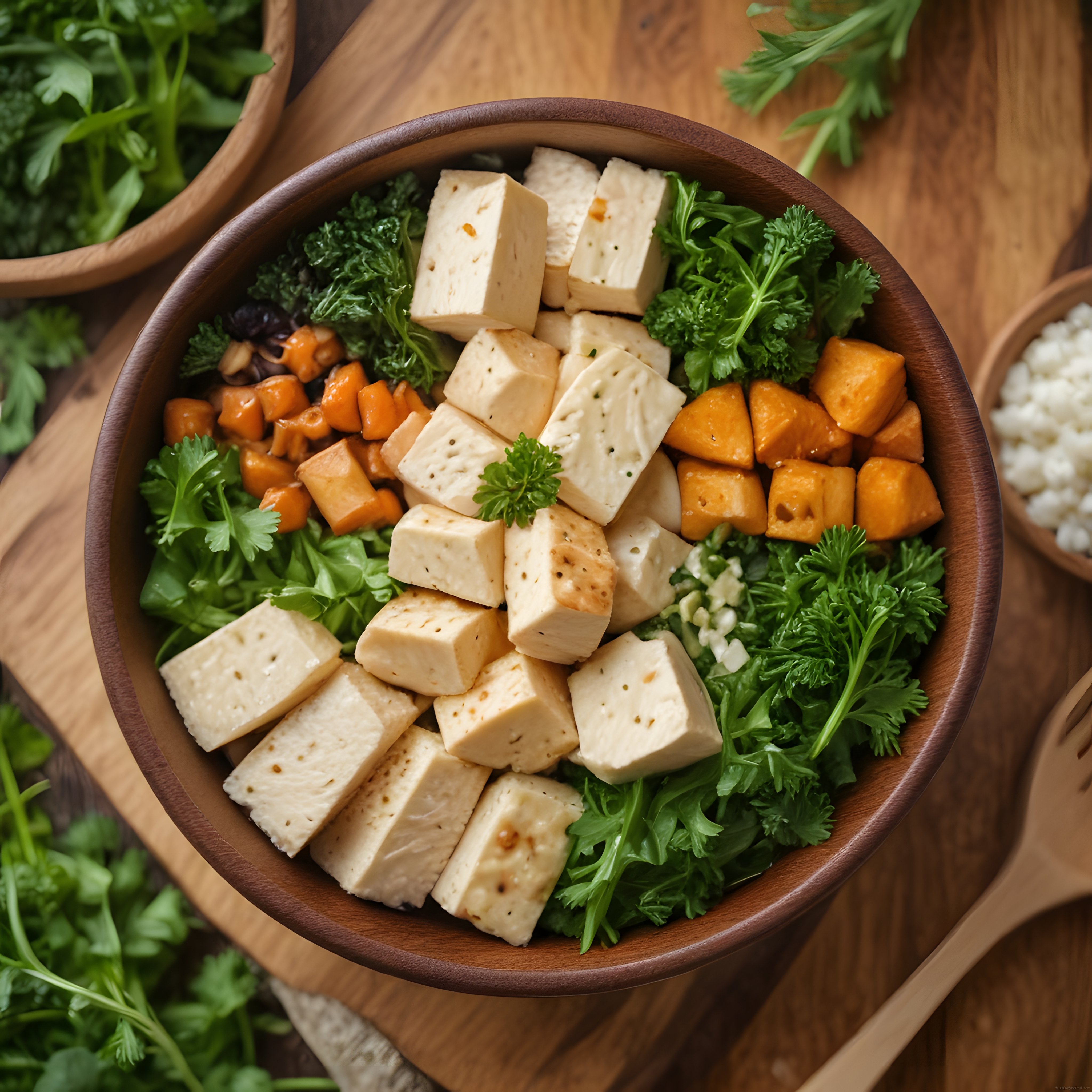 Ahşap Kasede Tofu ve Yeşilliklerle Hazırlanan Renkli Sağlıklı Bowl