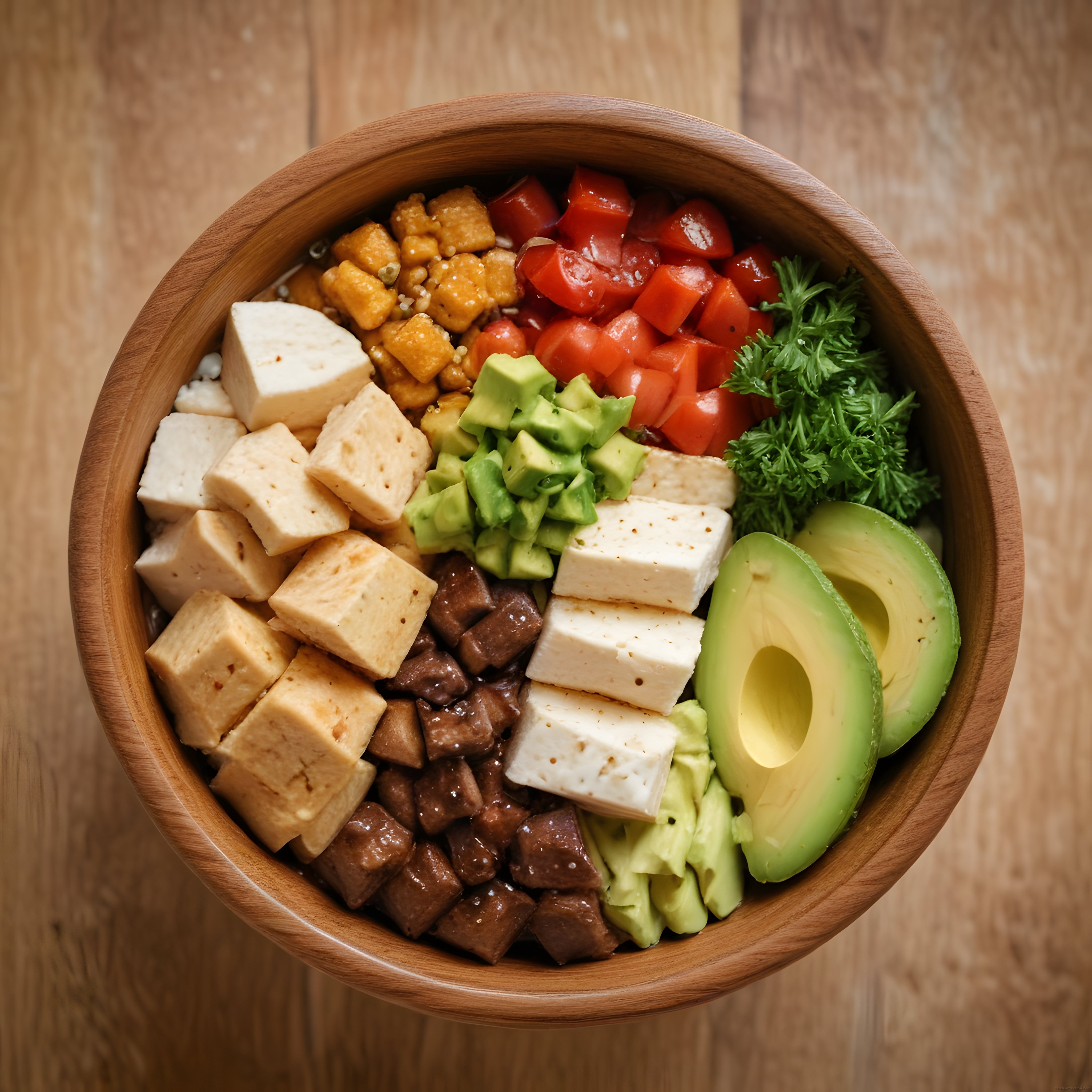Ahşap Kasede Tofulu Avokadolu Renkli Sağlıklı Vegan Buddha Bowl