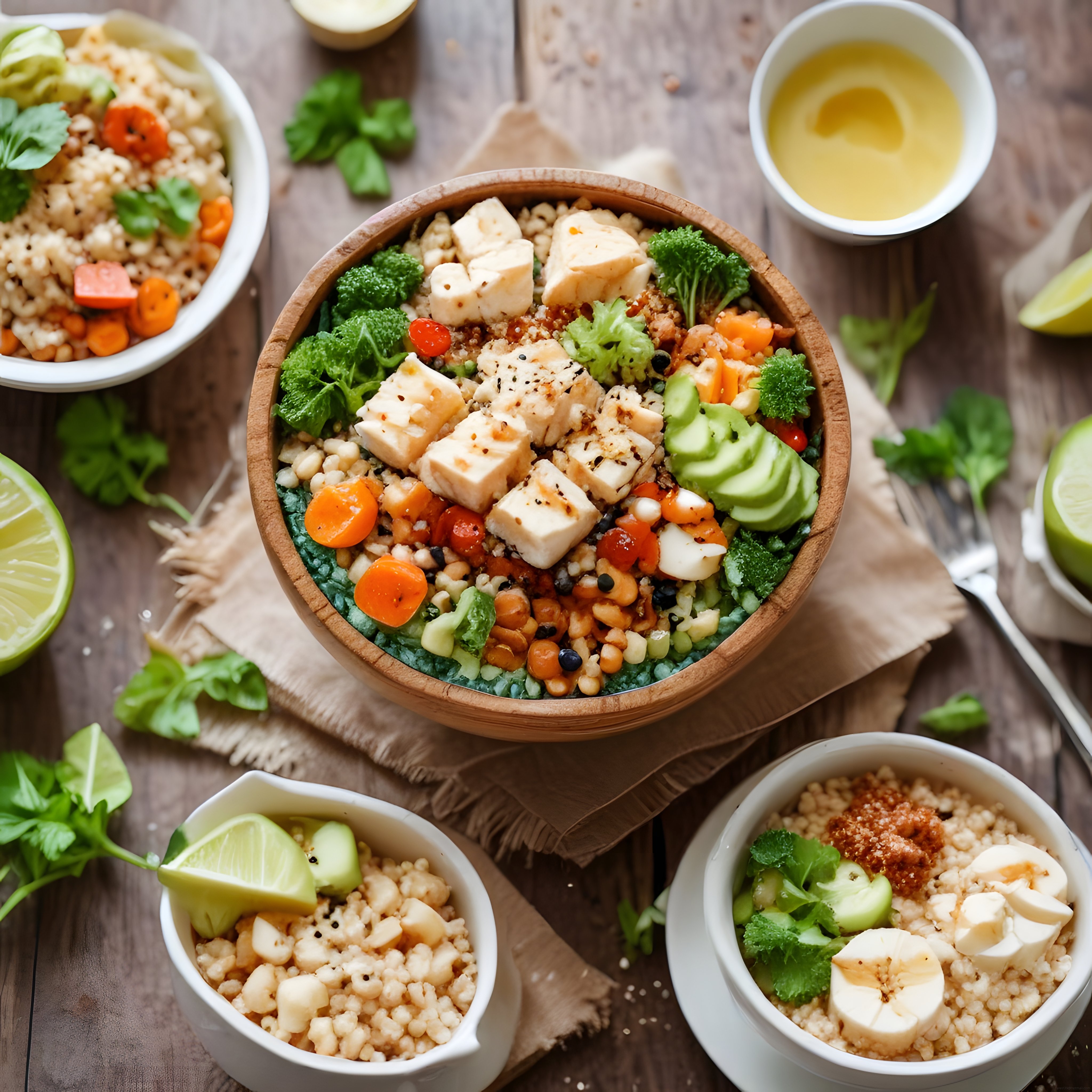 Ahşap Kasede Tofulu Avokadolu ve Nohutlu Renkli Sağlıklı Protein Bowl