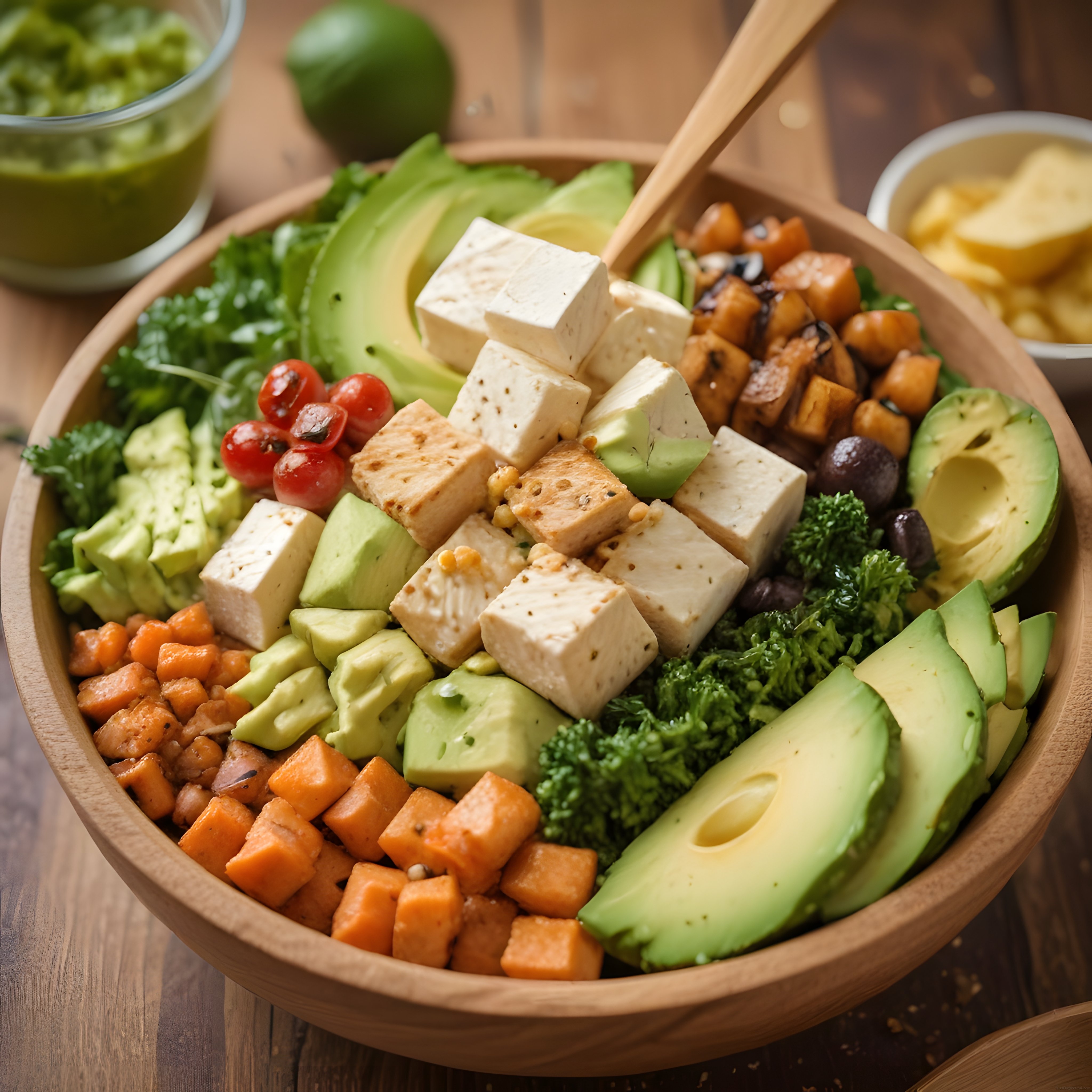 Ahşap Kasede Tofulu Avokadolu ve Sebzeli Sağlıklı Buddha Bowl Tarifi