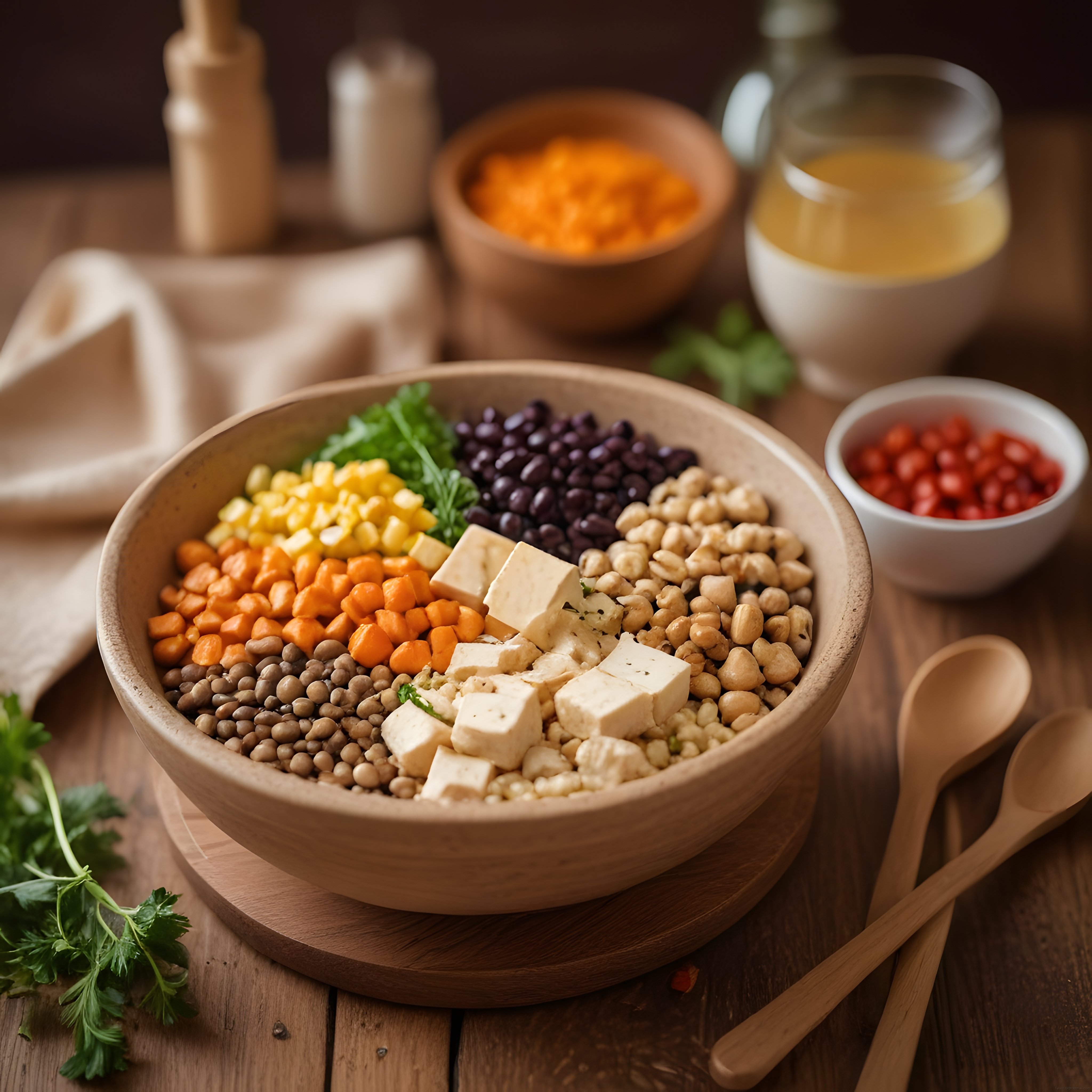 Ahşap Kasede Tofulu Nohutlu Renkli Vegan Buddha Bowl