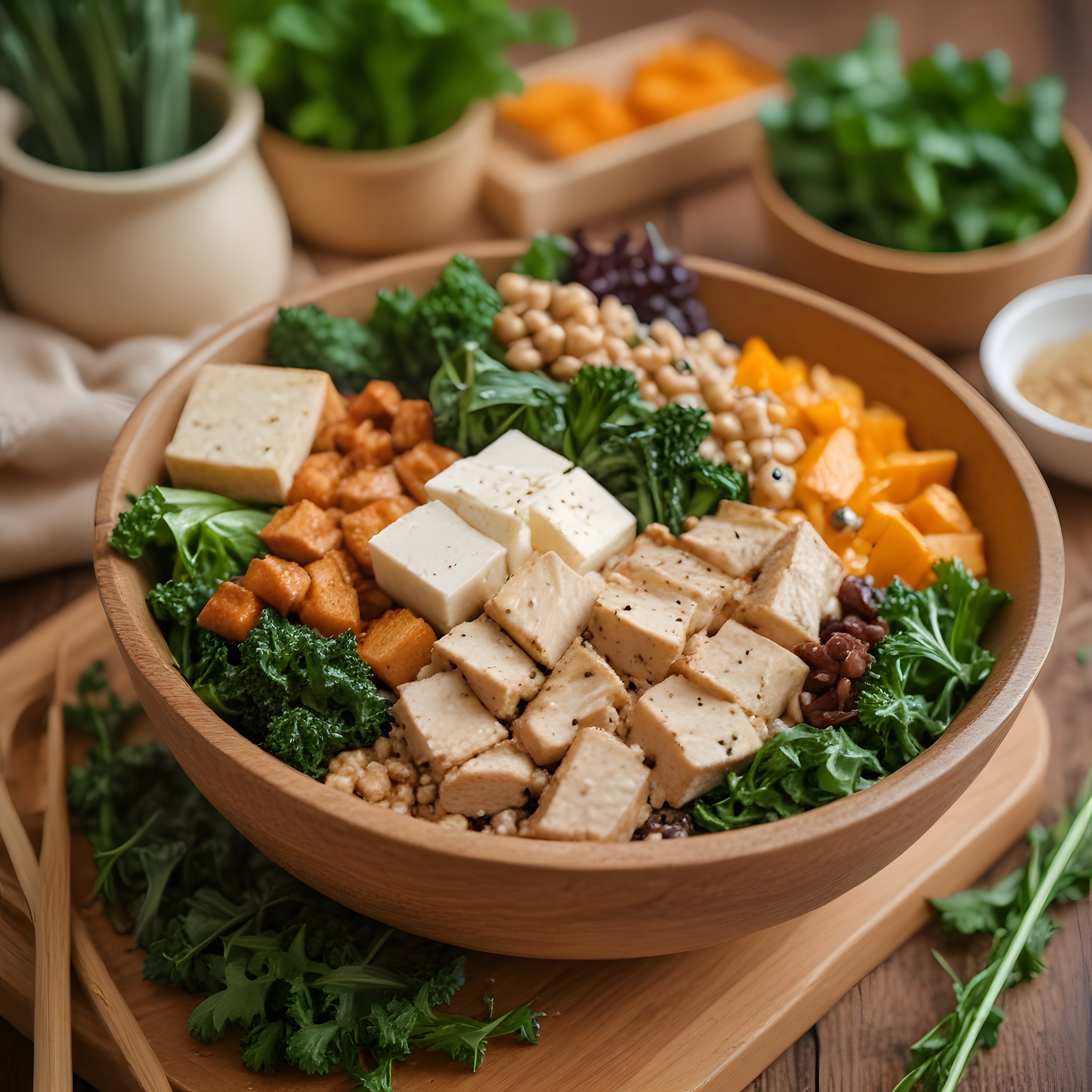 Ahşap Kasede Tofulu Nohutlu ve Sebzeli Sağlıklı Vegan Buddha Bowl Tarifi