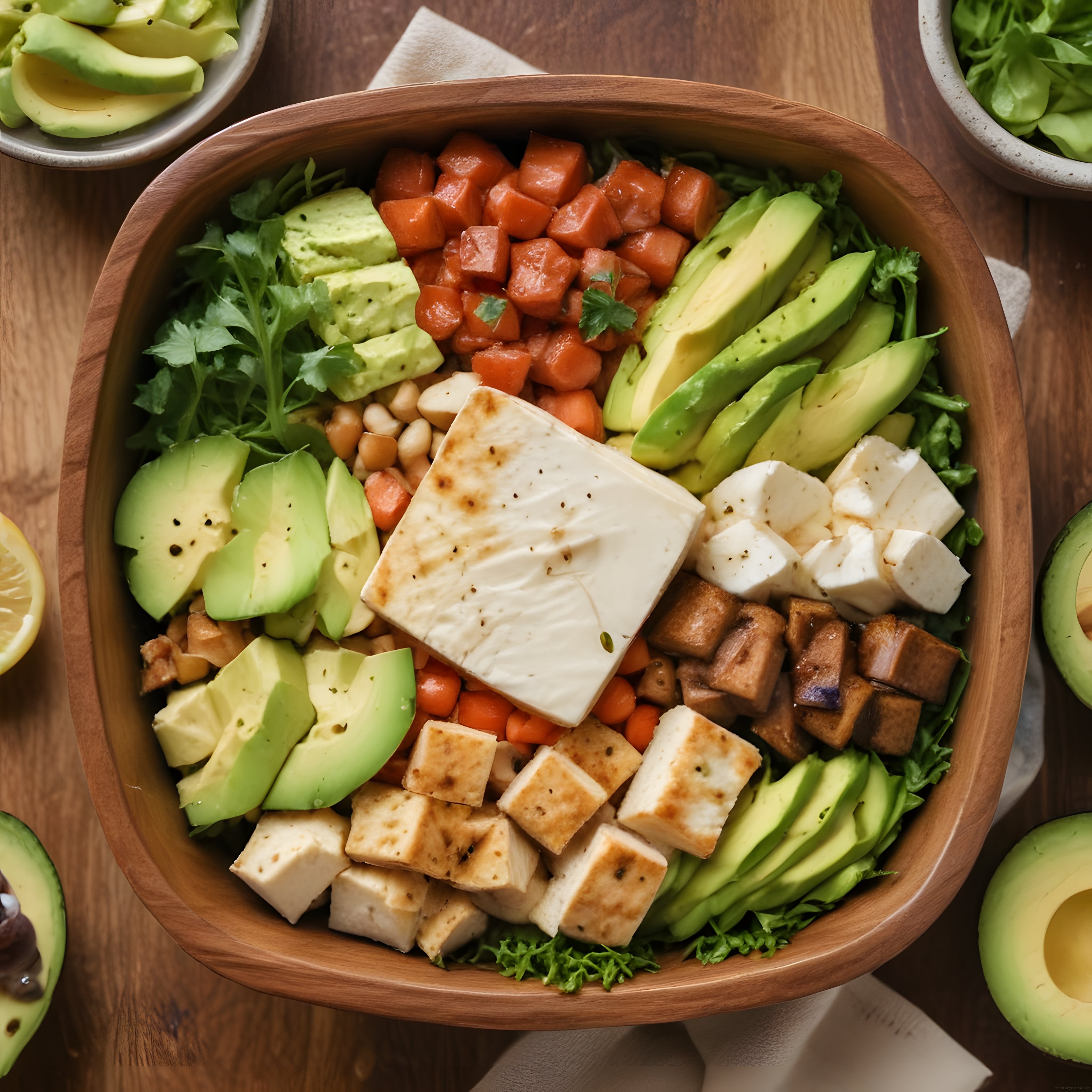 Ahşap Kasede Tofulu ve Avokadolu Renkli Sağlıklı Vegan Öğün Sunumu