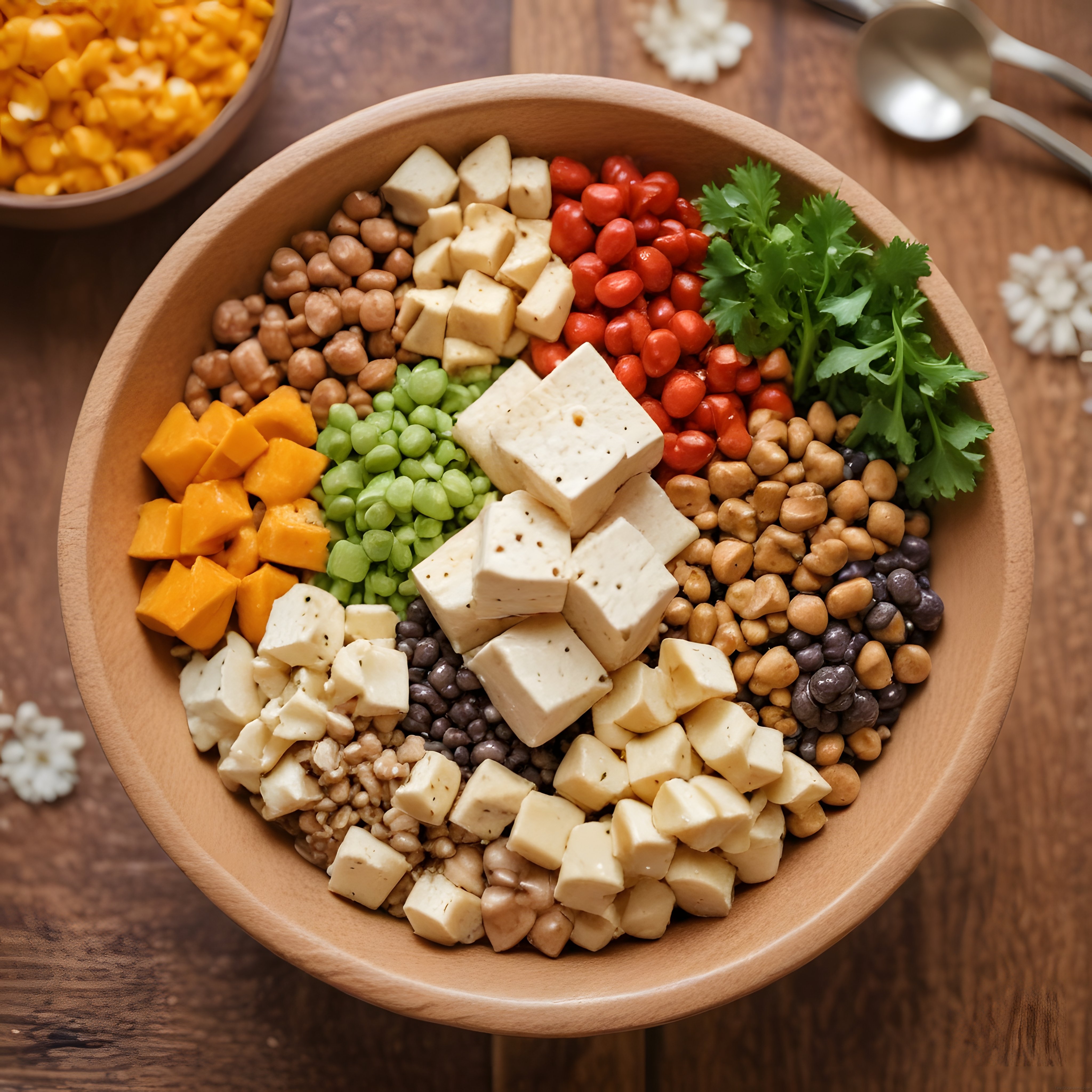 Ahşap Kasede Tofulu ve Baklagilli Renkli Sağlıklı Vegan Buddha Bowl