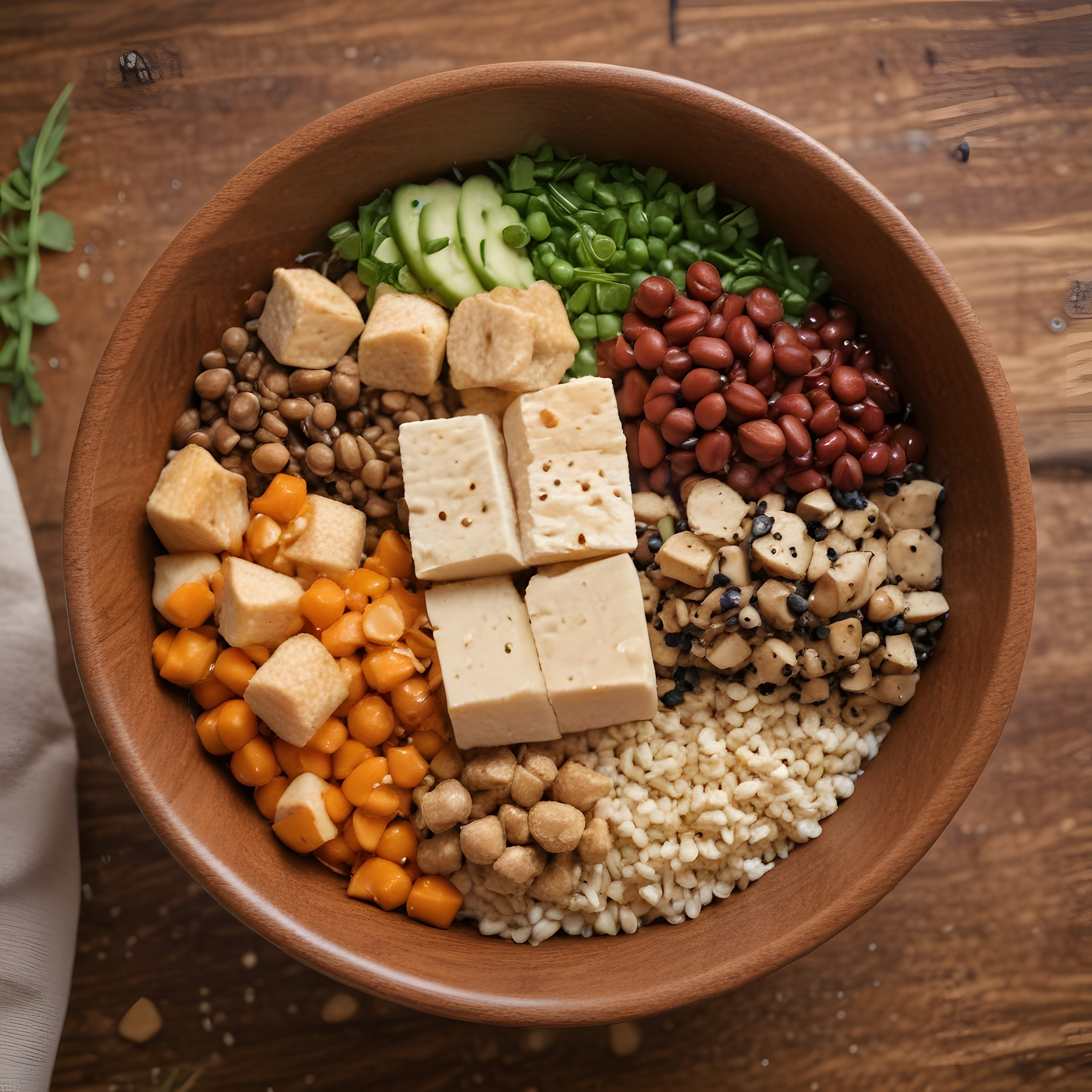 Ahşap Kasede Tofulu ve Baklagilli Renkli Sağlıklı Vegan Buddha Bowl