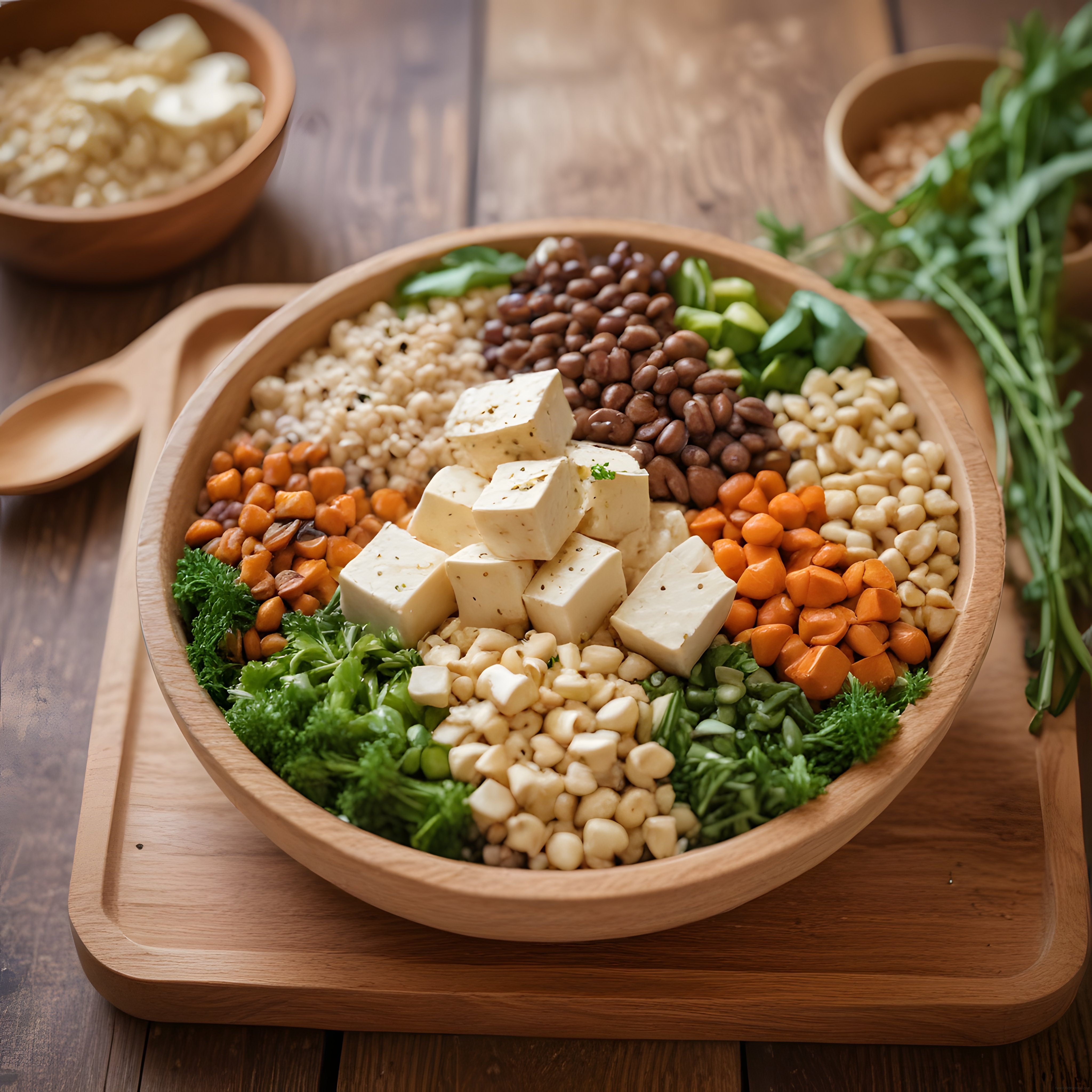 Ahşap Kasede Tofulu ve Bakliyatlı Renkli Vegan Bowl: Sağlıklı Öğün