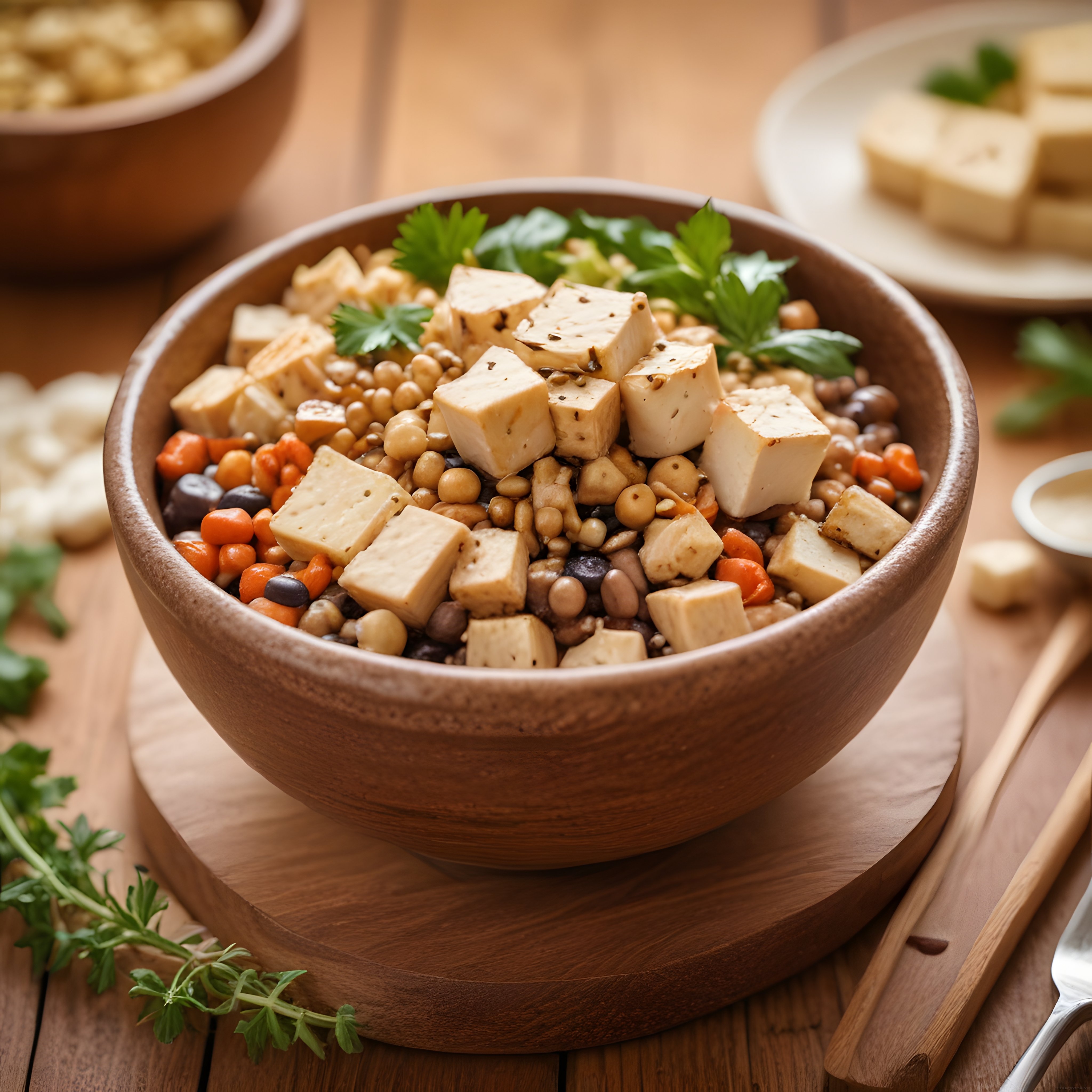 Ahşap Kasede Tofulu Vegan Protein Kasesi ve Baklagilli Sağlıklı Tarif