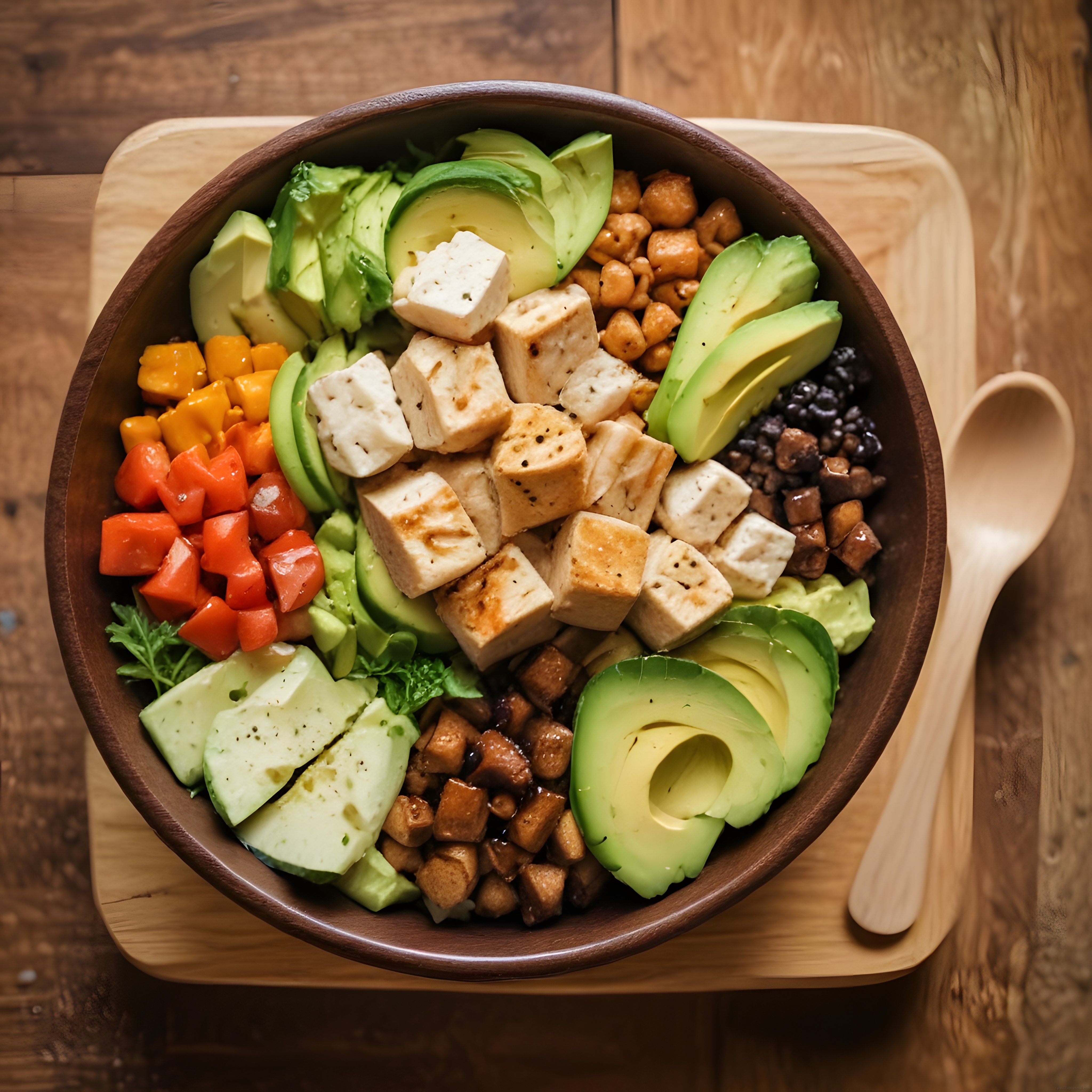 Ahşap Kasede Vegan Bowl: Tofu, Avokado ve Sebzelerle Sağlıklı Öğün Fikri