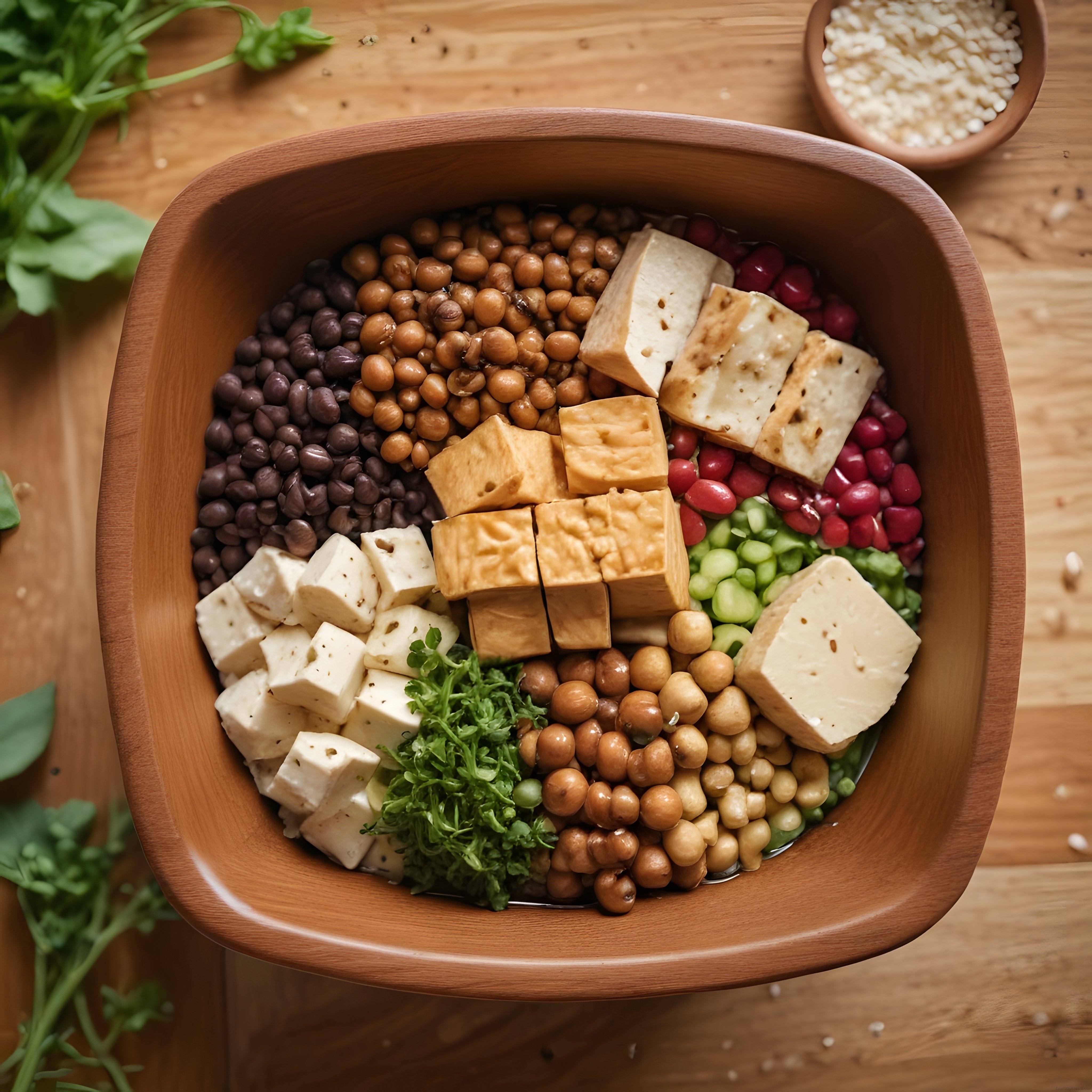 Ahşap Kasede Vegan Protein Bowl: Tofu, Baklagiller ve Taze Yeşillikler