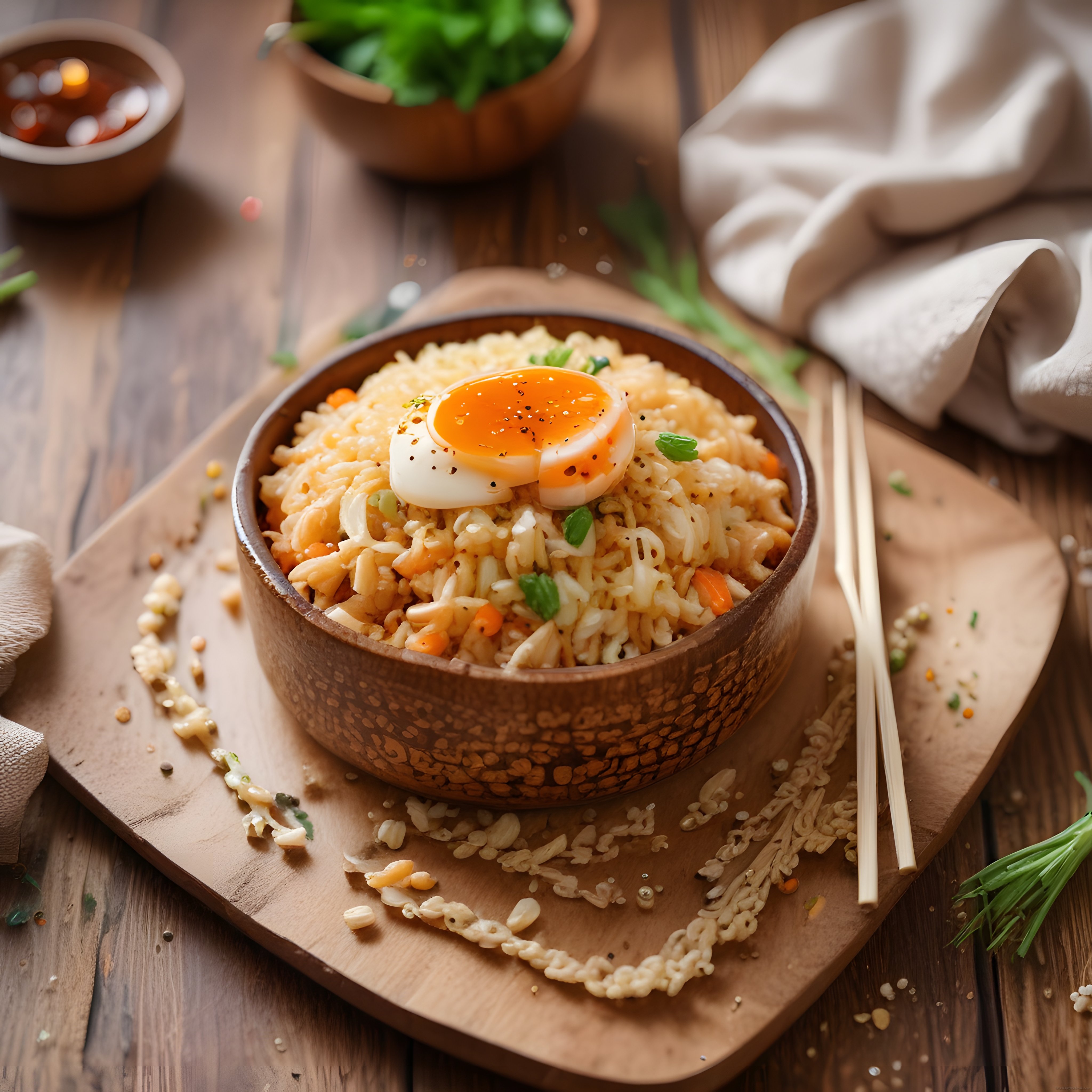 Ahşap kasede yarı haşlanmış yumurtalı ve sebzeli Asya usulü noodle pilavı