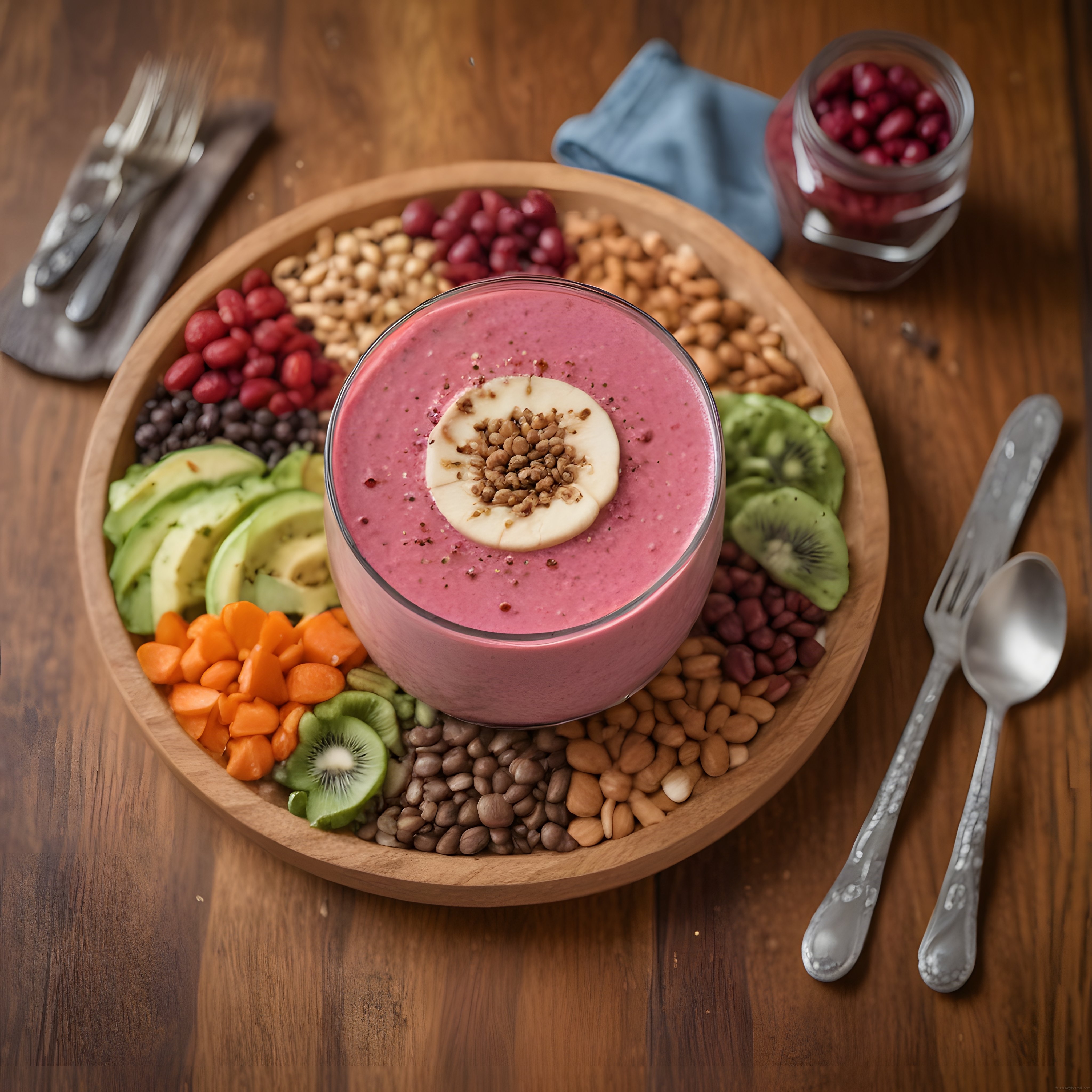 Ahşap Kasede Yerleştirilmiş Renkli Meyveli ve Kuruyemişli Sağlıklı Smoothie Bowl Ahşap Kasede Yerleştirilmiş Renkli Meyveli ve Kuruyemişli Sağlıklı Smoothie Bowl