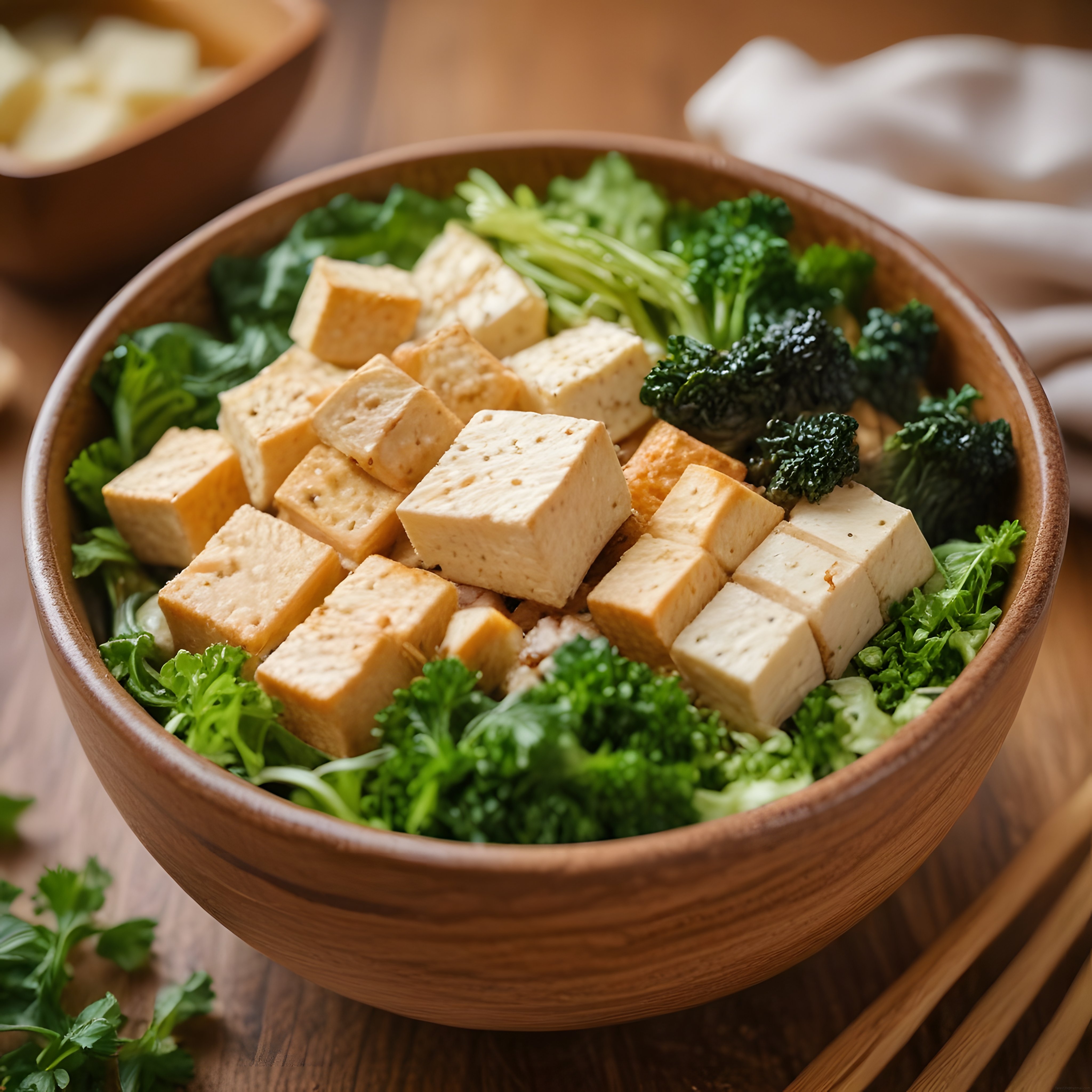 ahşap kasede yeşillikler üzerine serilmiş tofu parçaları ve brokolili salata