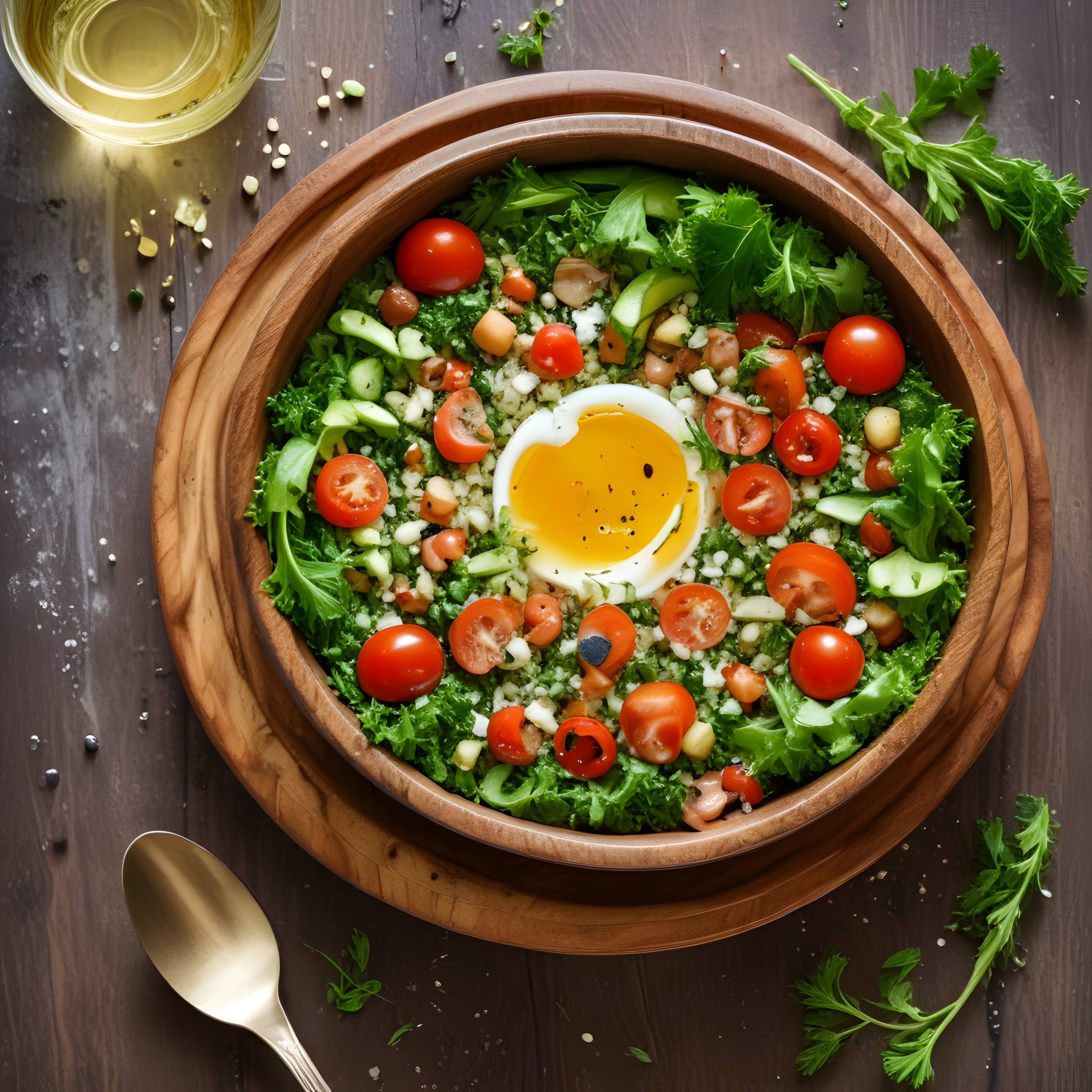 Ahşap Kasede Yumuşak Haşlanmış Yumurtalı ve Taze Sebzeli Besleyici Salata