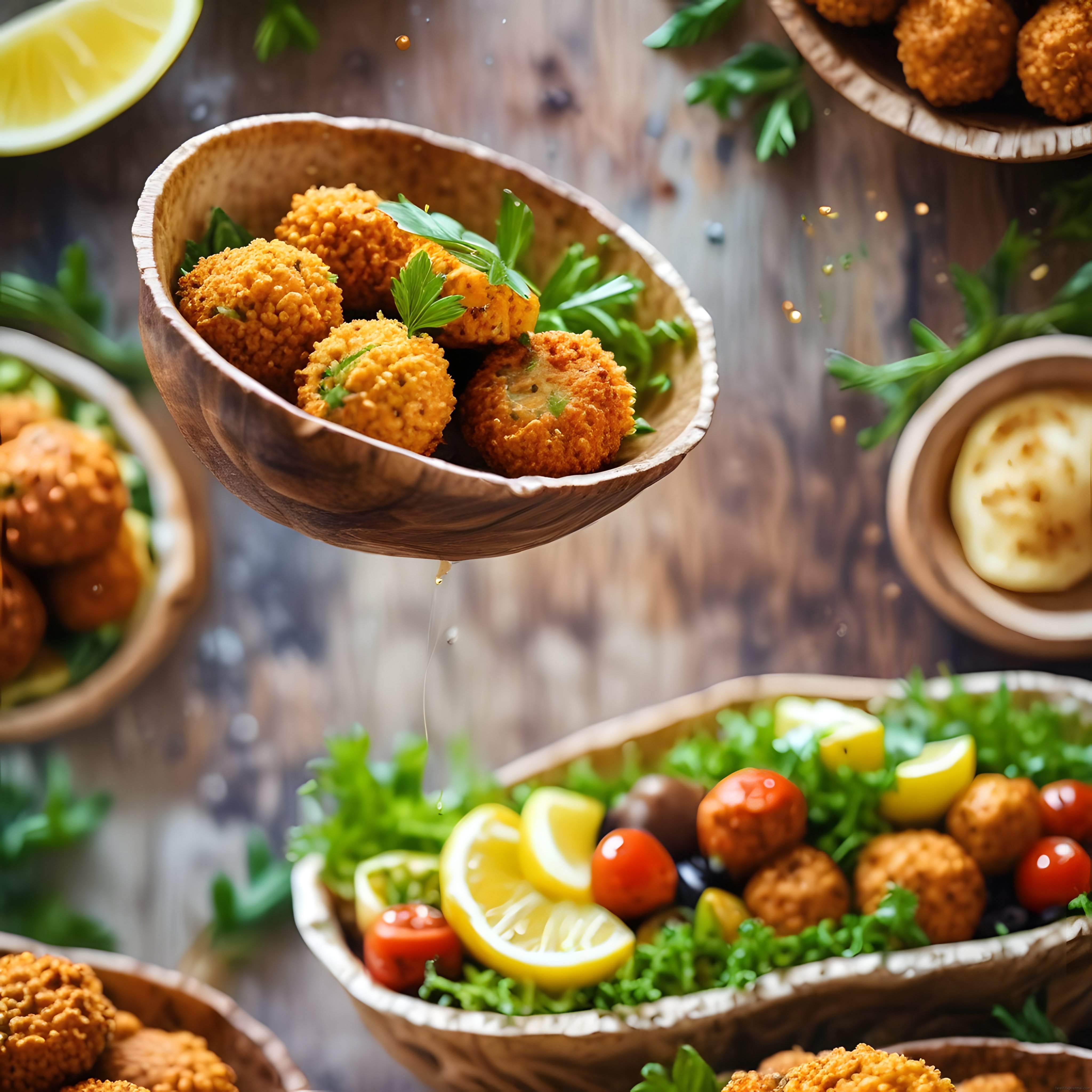 Ahşap Kaselerde Çıtır Lezzet Topları ve Limonlu Salata ile Şık Sunum