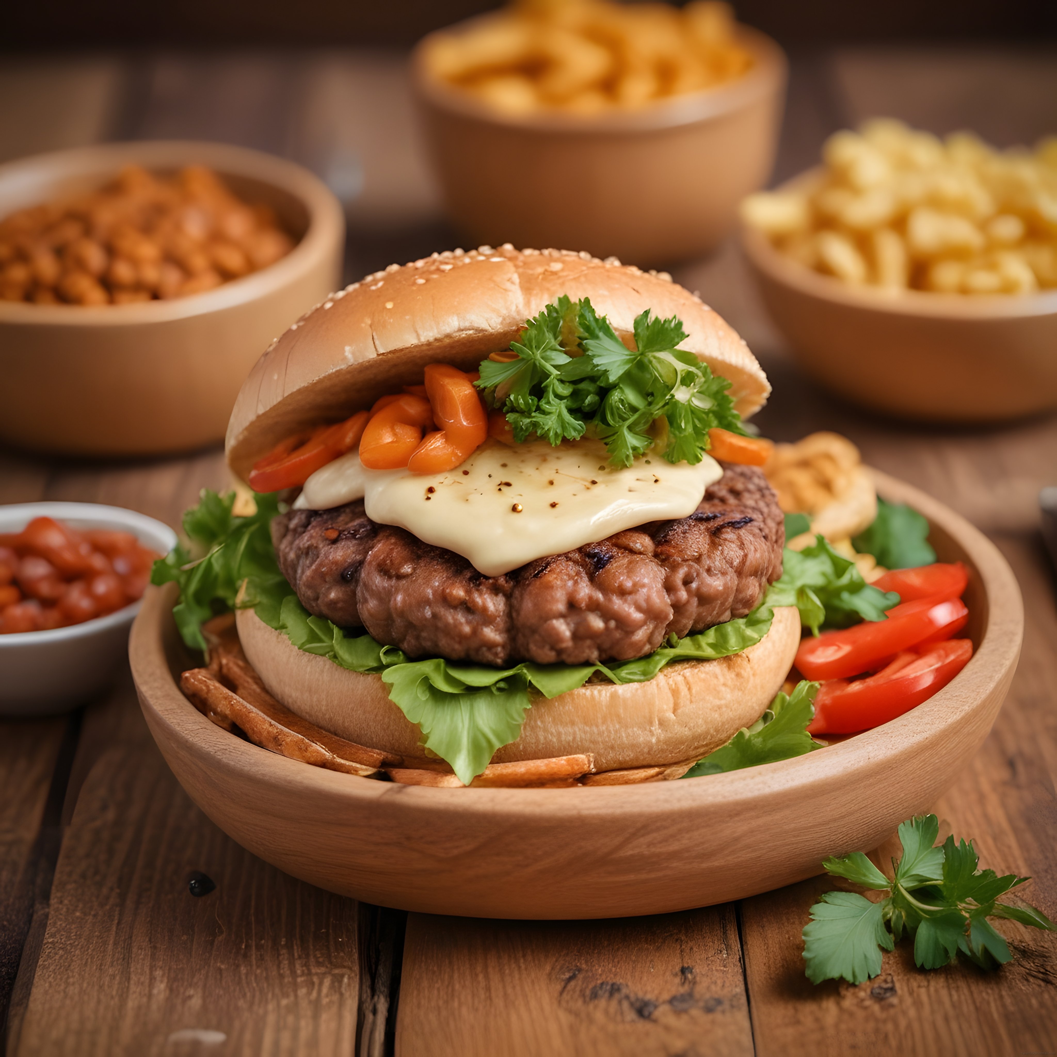 Ahşap kaselerde erimiş peynirli burger ve patates kızartması sunumu