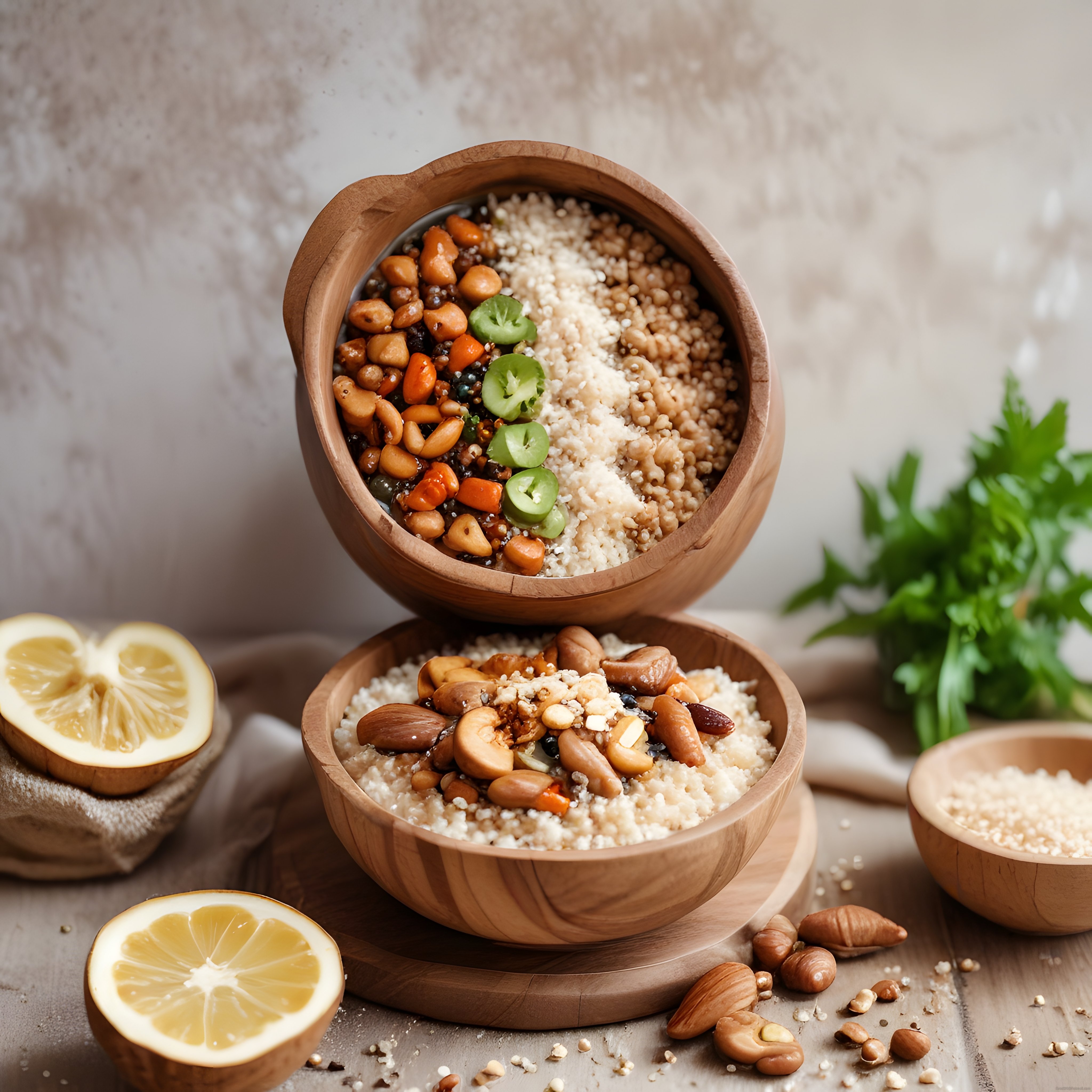 Ahşap kaselerde kuskuslu bakliyat salatası ve sağlıklı beslenme sunumu
