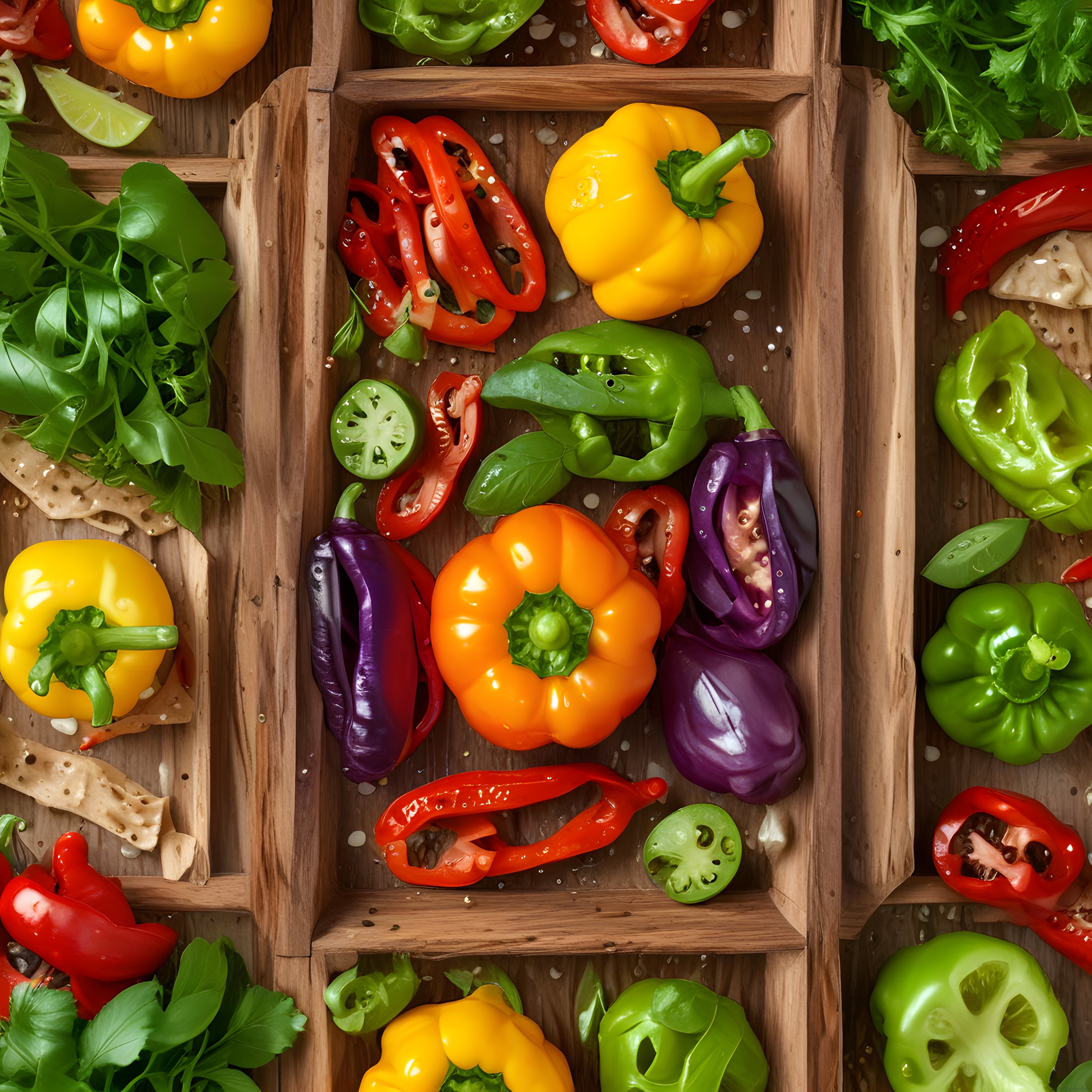 Ahşap kaselerde renkli biberler ve yeşilliklerle sağlıklı vegan malzeme düzeni
