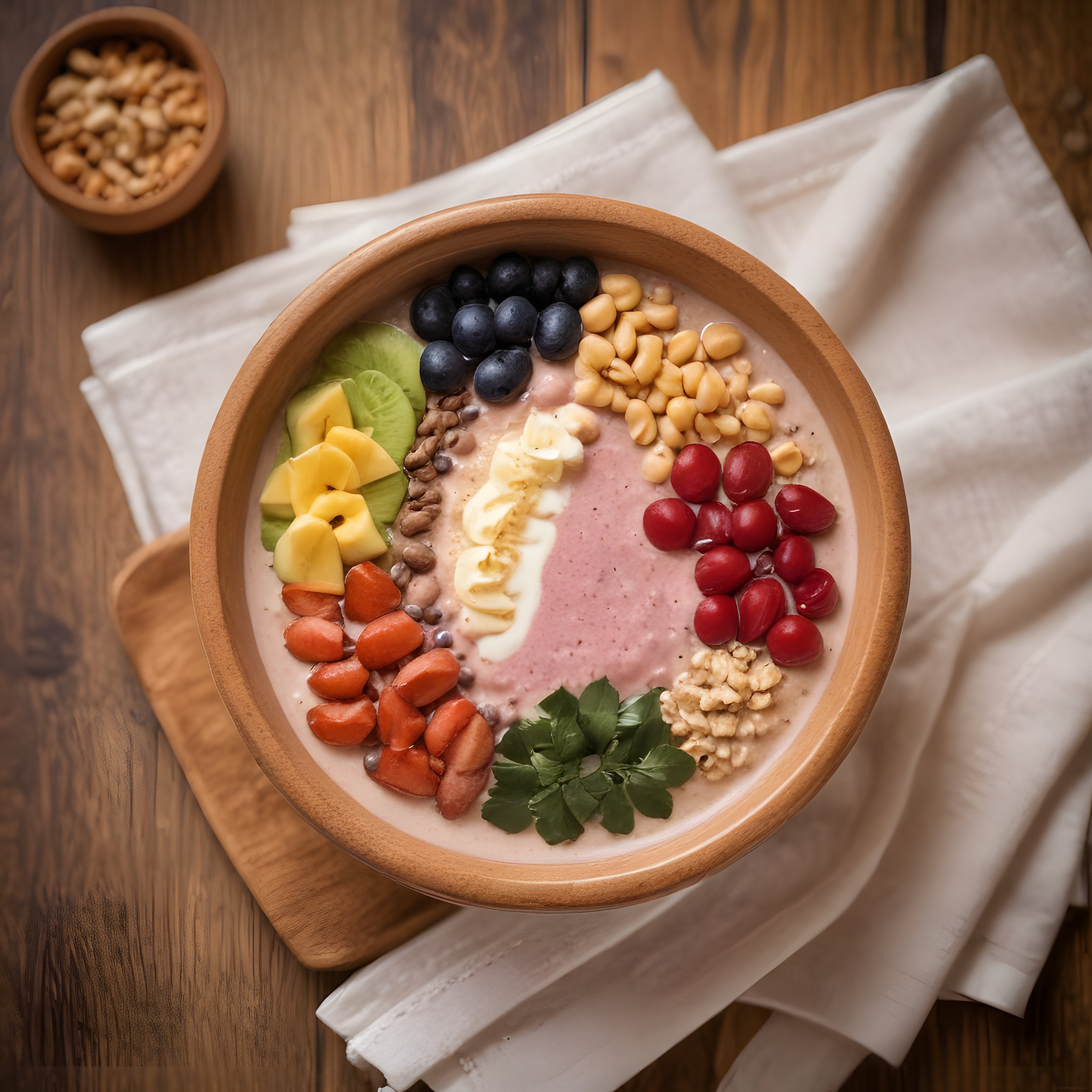 Ahşap Kaselerde Servis Edilmiş Renkli ve Besleyici Smoothie Bowl Kahvaltısı