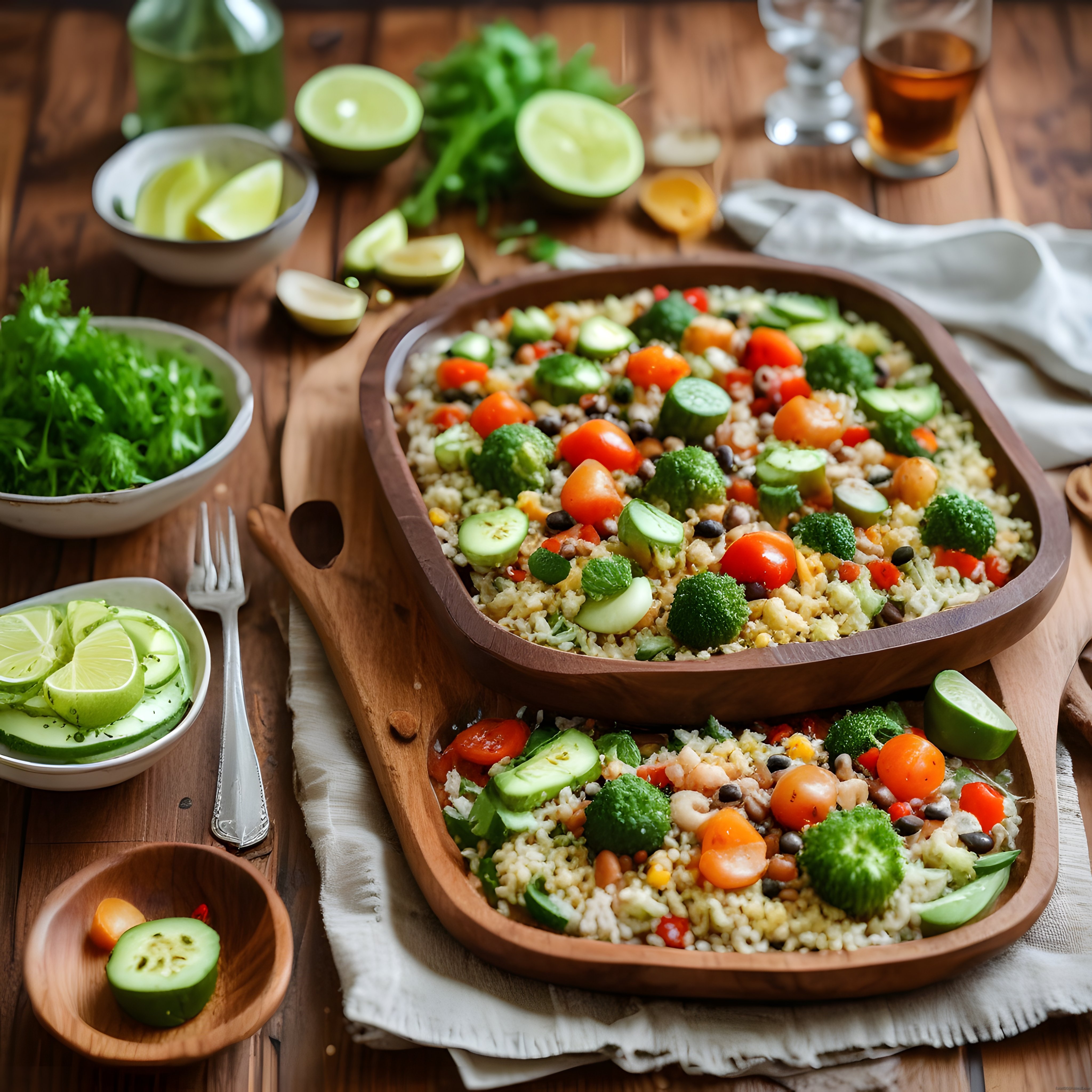 Ahşap Kaselerde Taze Sebzeli Kuskus Salatası ve Sağlıklı Vegan Kase Yemeği