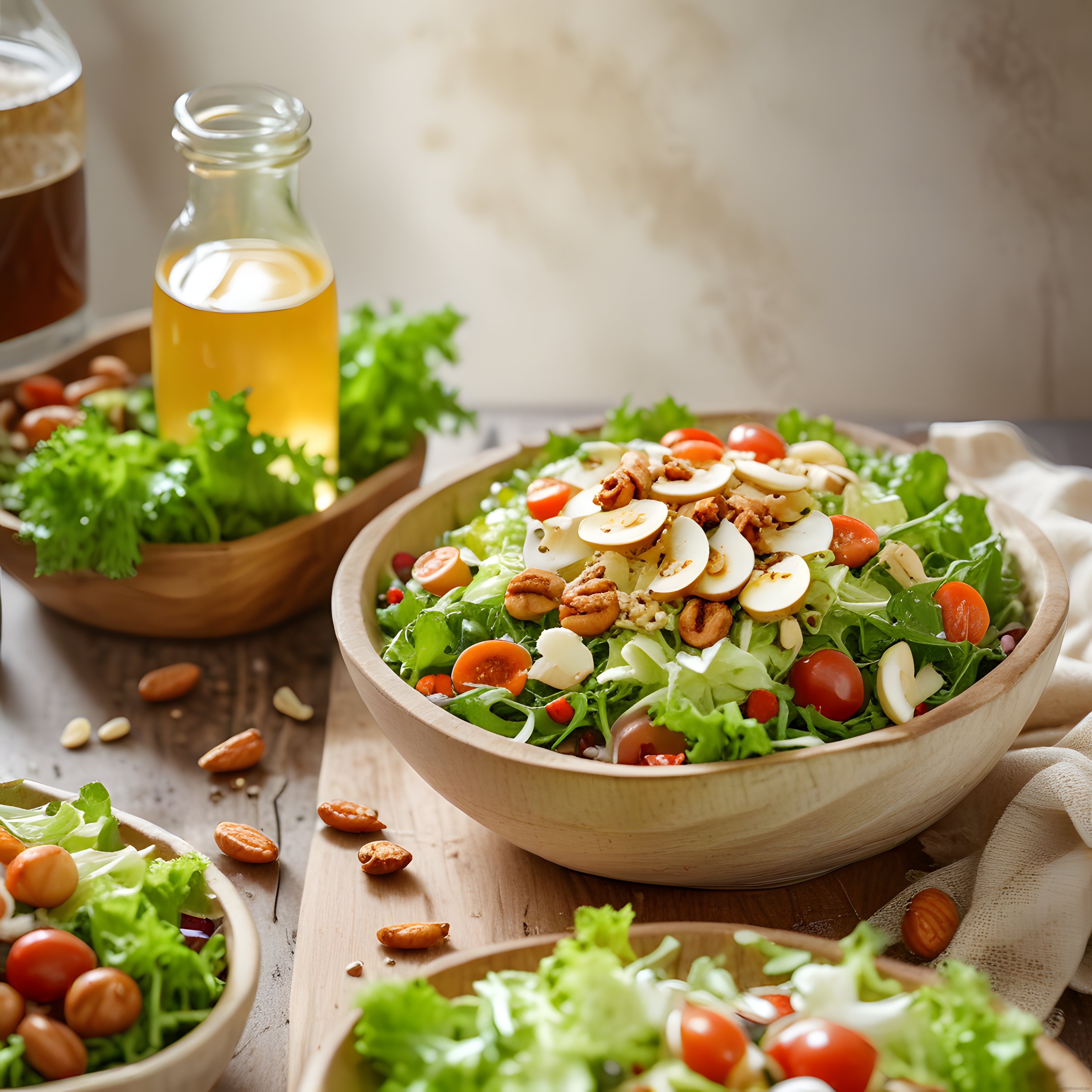 Ahşap kâselerde taze yeşil salata sunumu ve zeytinyağı şişesi