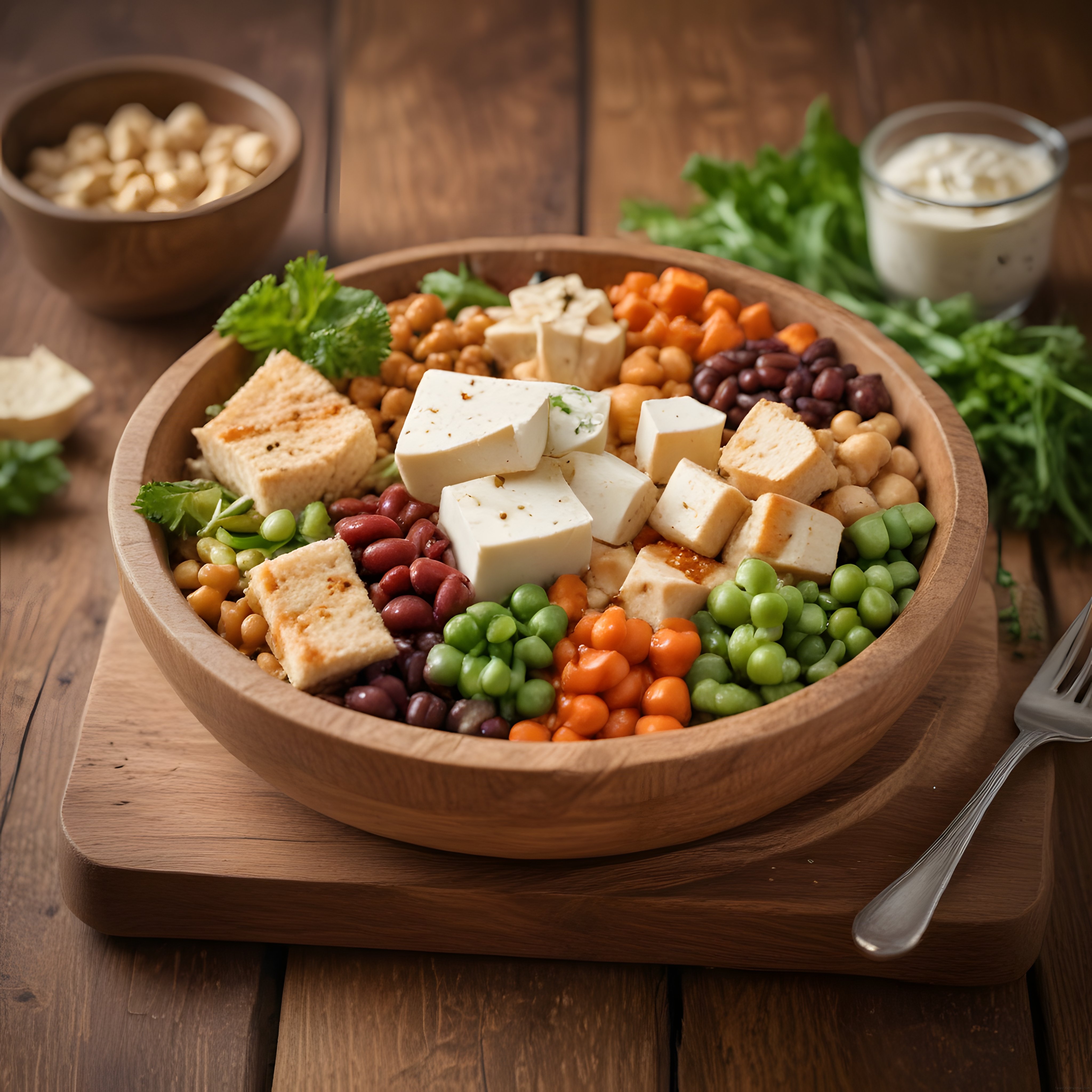 Ahşap Kasenin İçinde Peynirli Nohutlu Fasulyeli Renkli ve Besleyici Salata