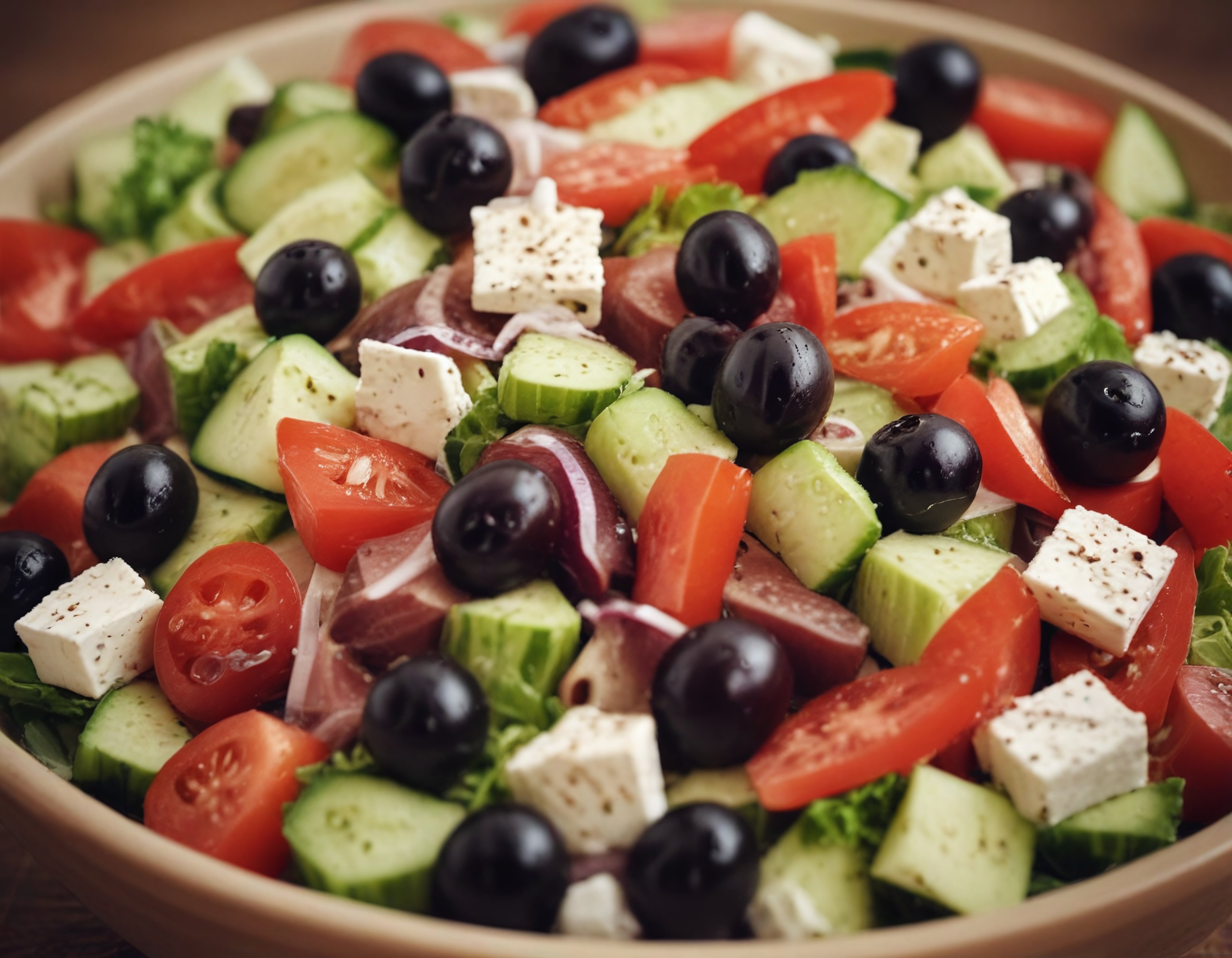 Ahşap Kasenin İçinde Renkli Akdeniz Salatası: Domates, Peynir ve Zeytin